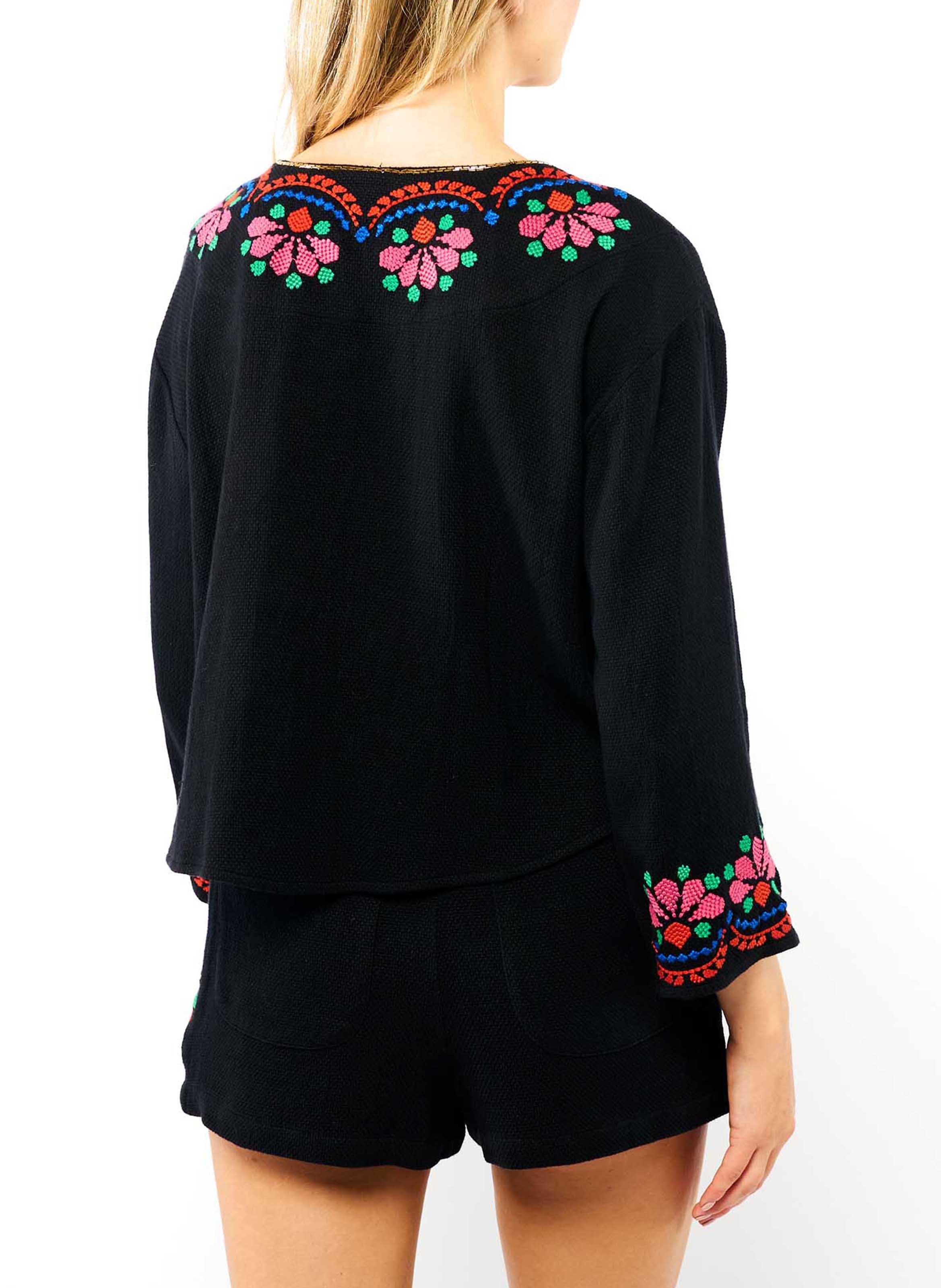Straight embroidered cotton blouse with Tunisian collar WILD Black