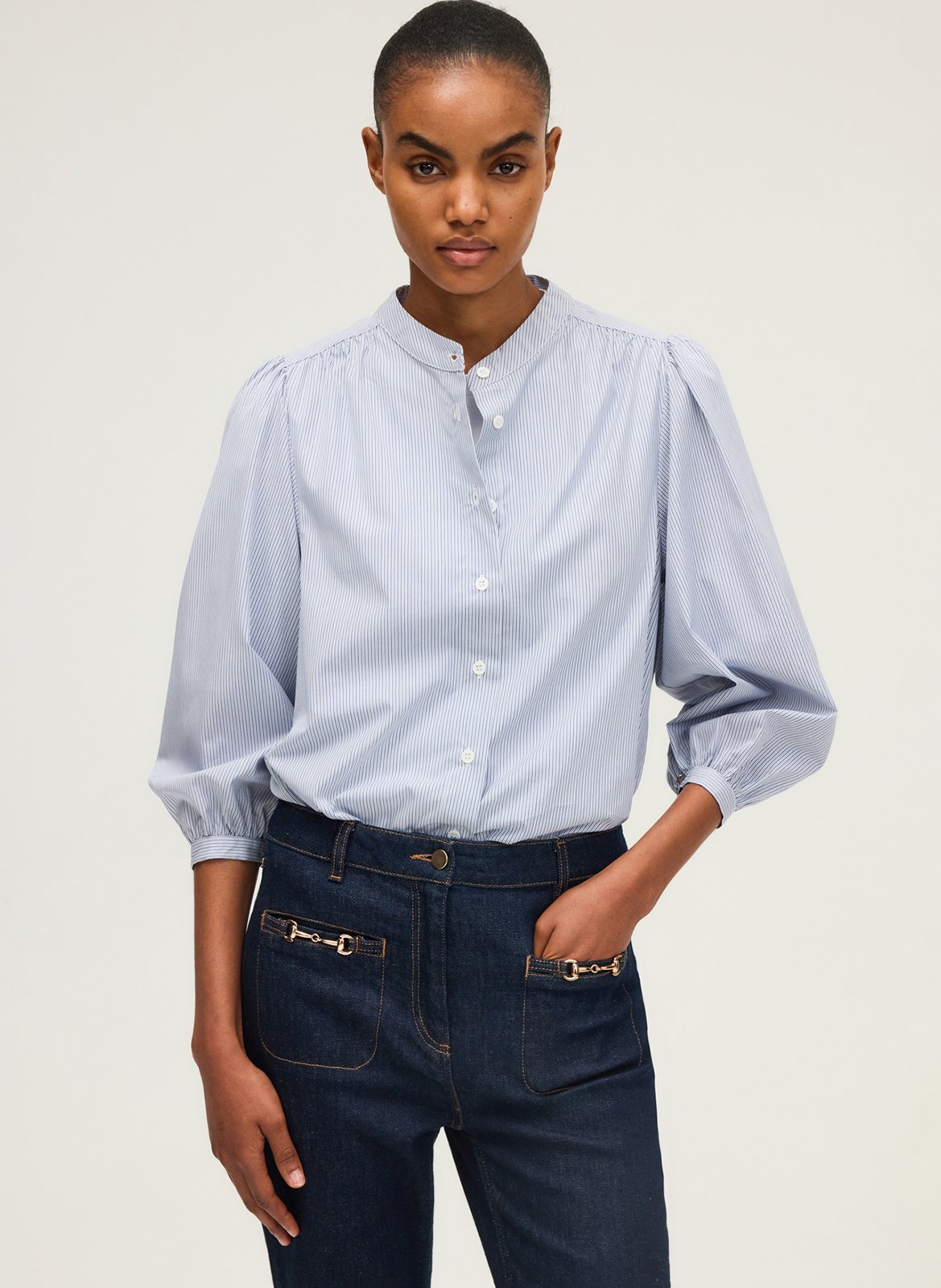 Chemise col rond en coton PABLO Blue