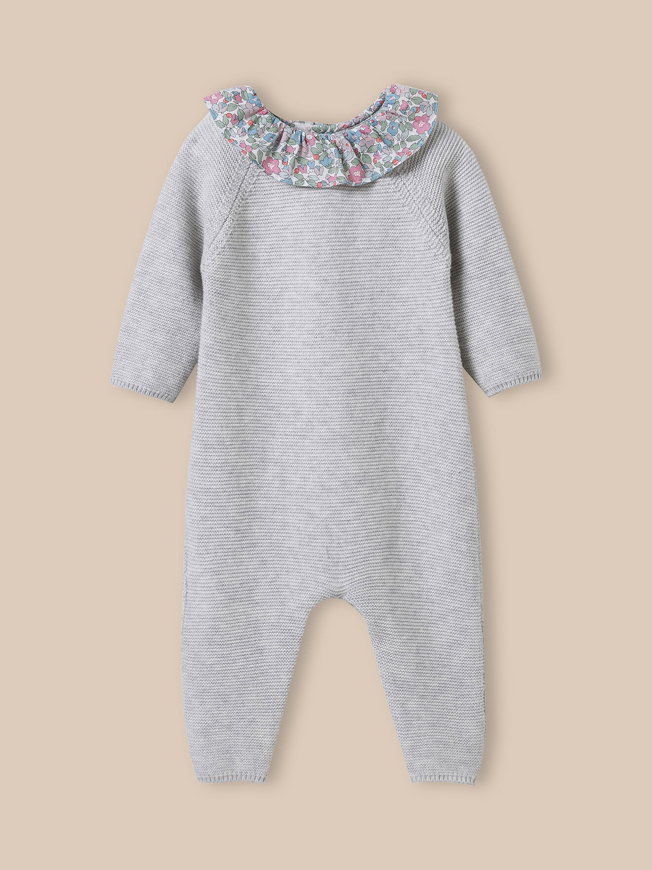 Knit jumpsuit with Liberty fabric collar. CYRILLUS Grey