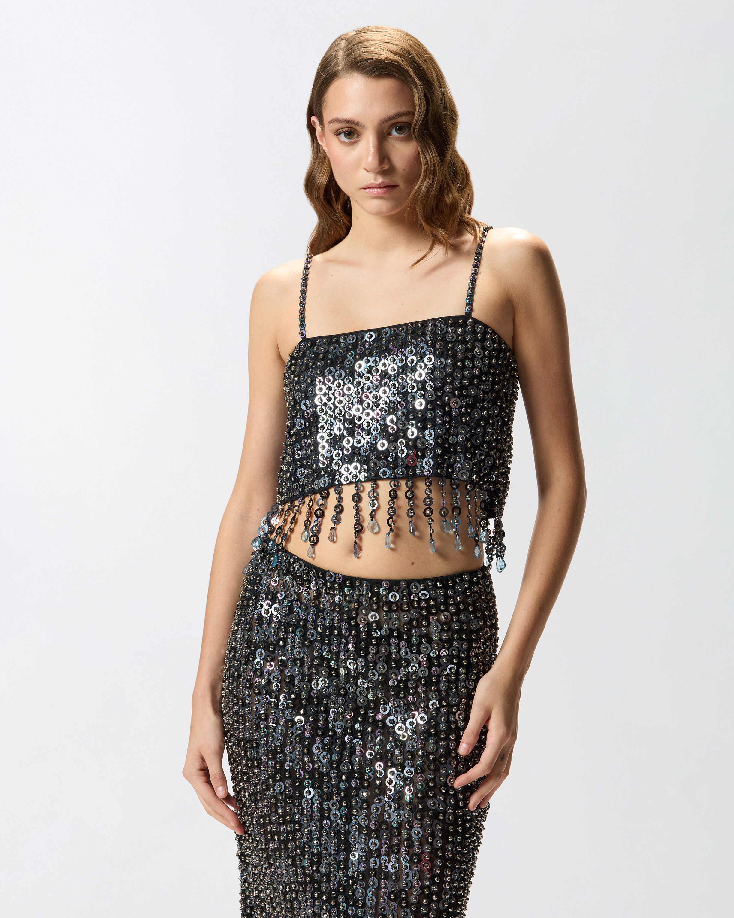 Crop top with sequins and crystals PINKO Multicolored
