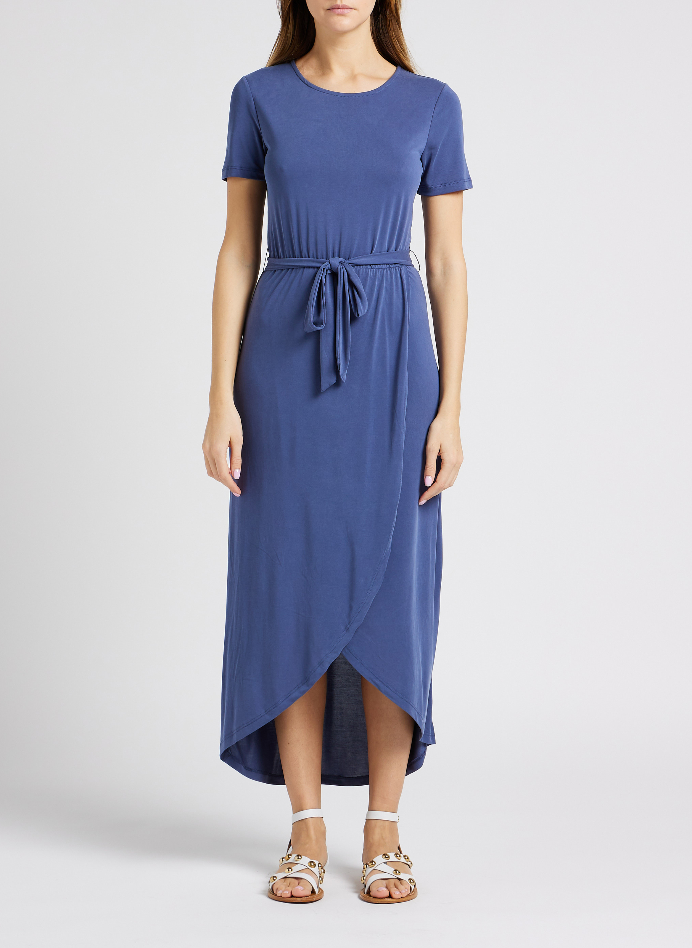 Lange jurk van jersey met ronde hals en ceintuur OBJECT Blauw