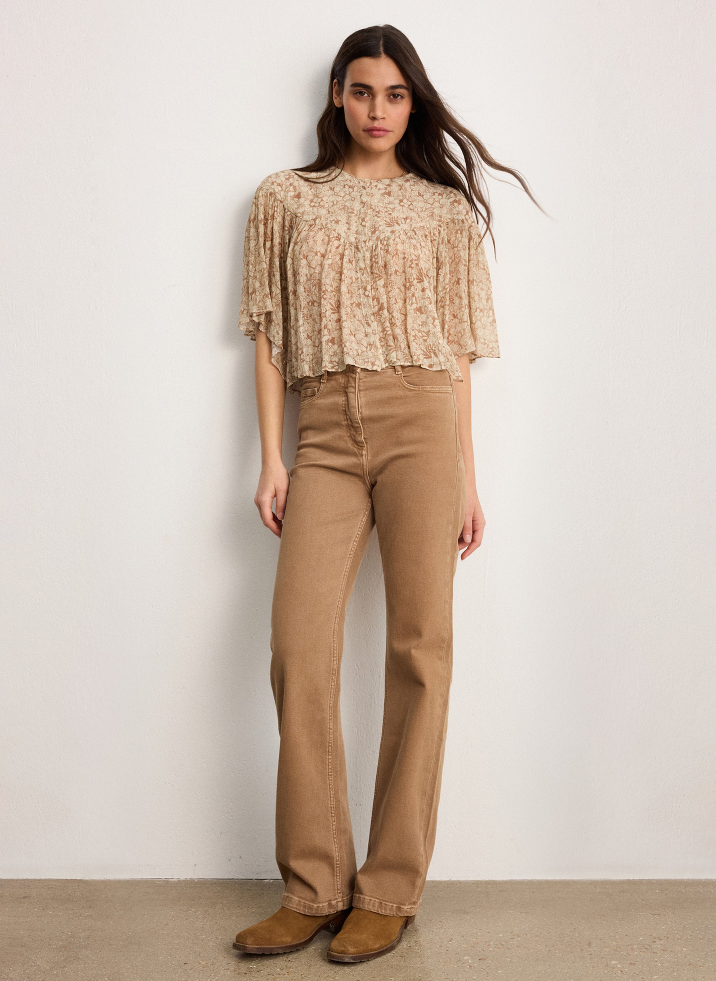 Chemise ample col rond imprimée PABLO Beige