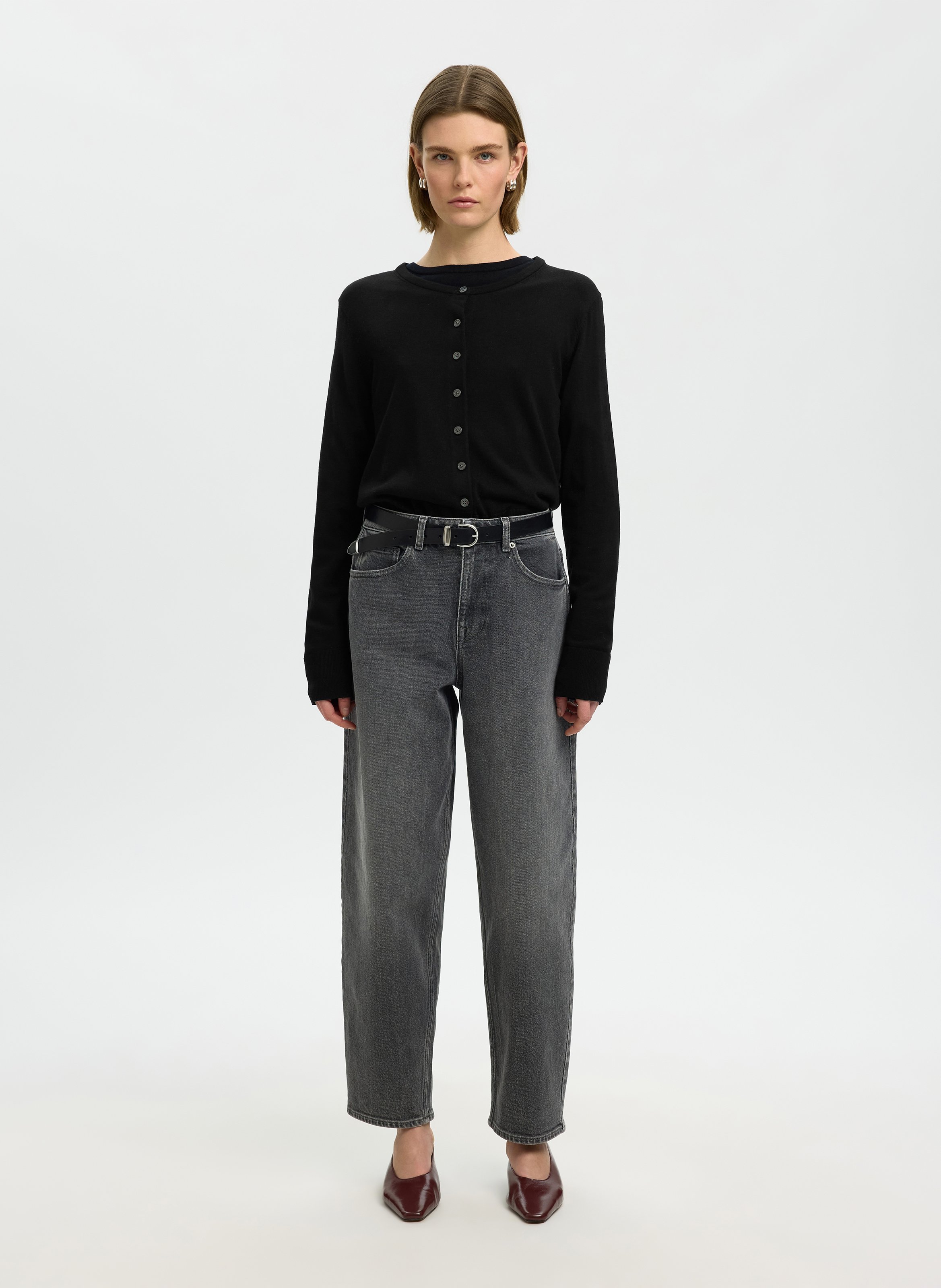 Gerader melierter Knopf-Cardigan SELECTED Schwarz