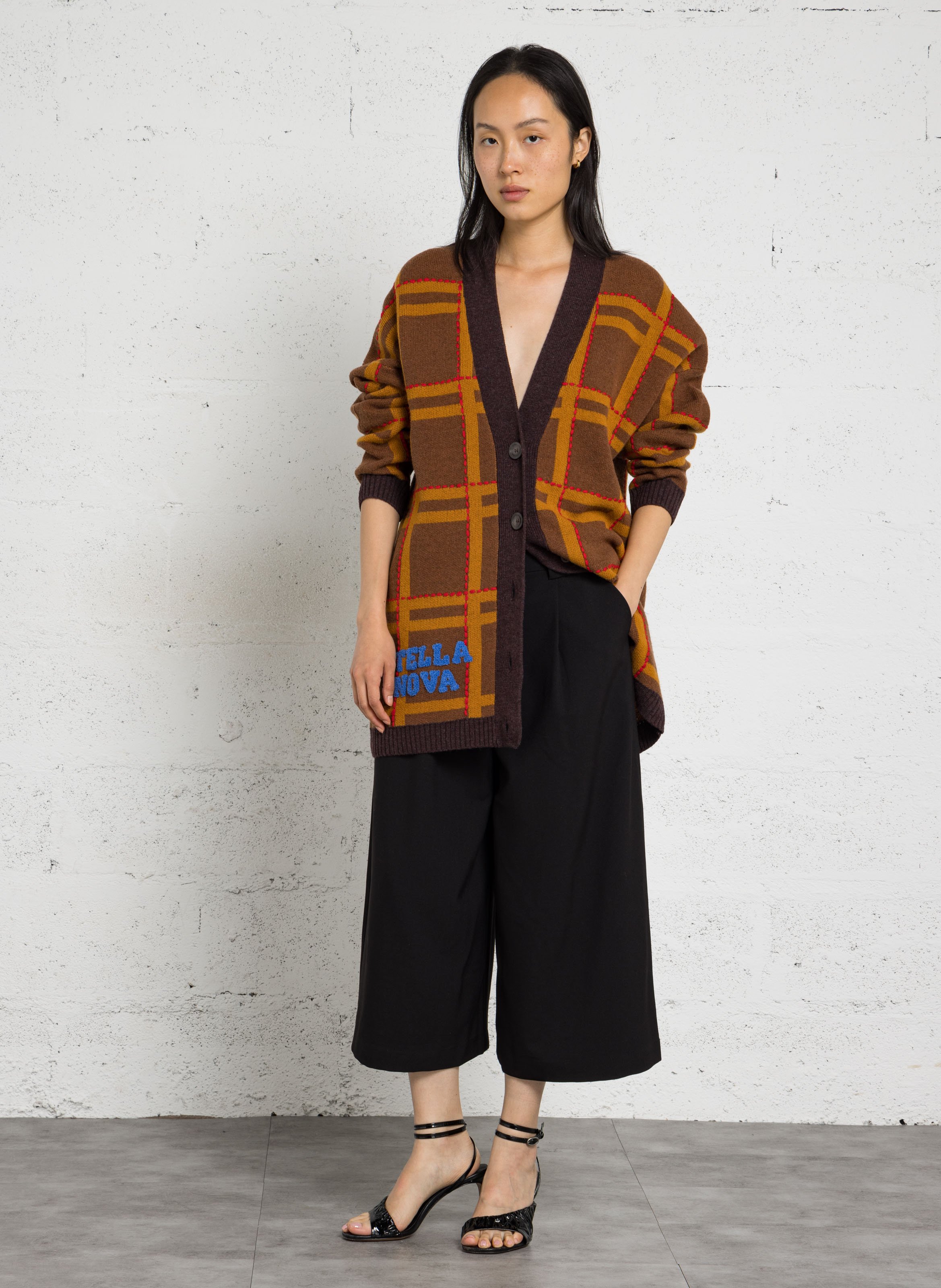 Cardigan oversize col v brodé en laine mélangée STELLA NOVA Marron
