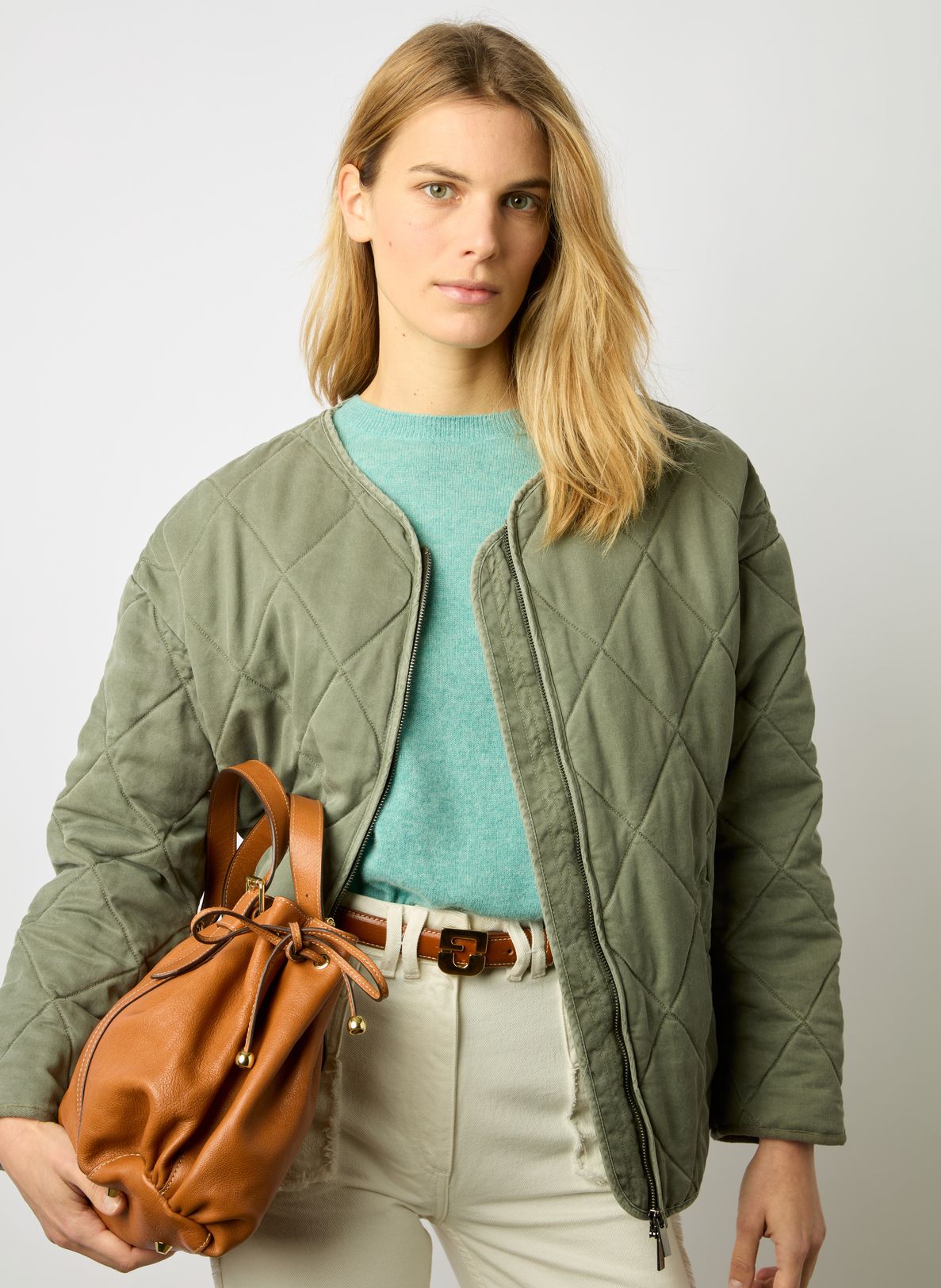 Loose-fit Round-neck Quilted Jacket Kaki Moyen Gerard Darel