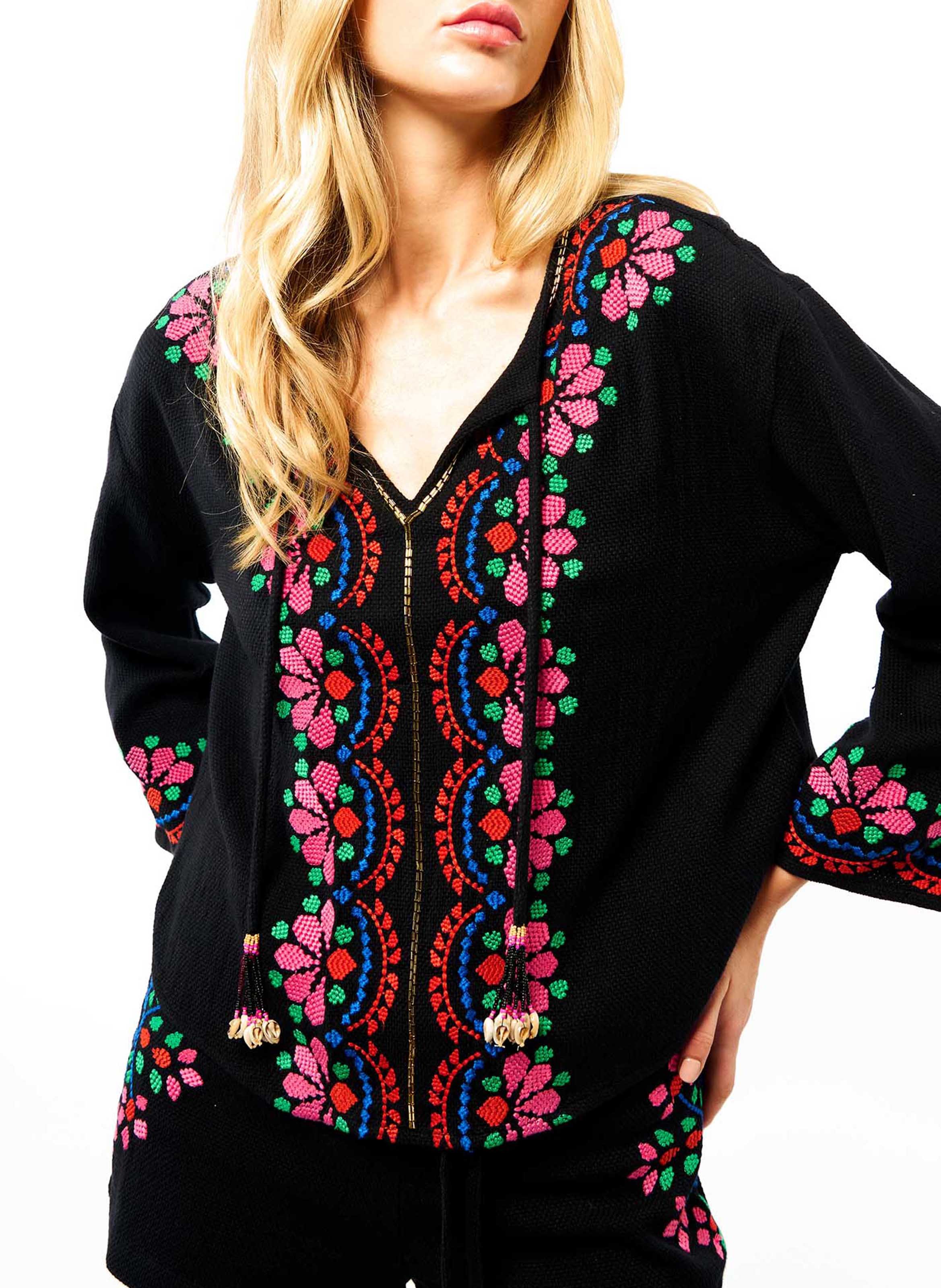Straight embroidered cotton blouse with Tunisian collar WILD Black