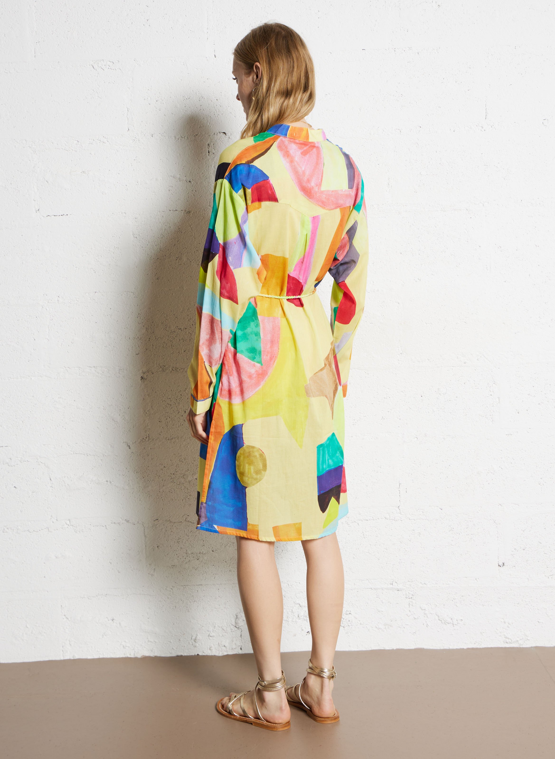 Weites Baumwollkleid mit Mao-Kragen G.KERO Gelb