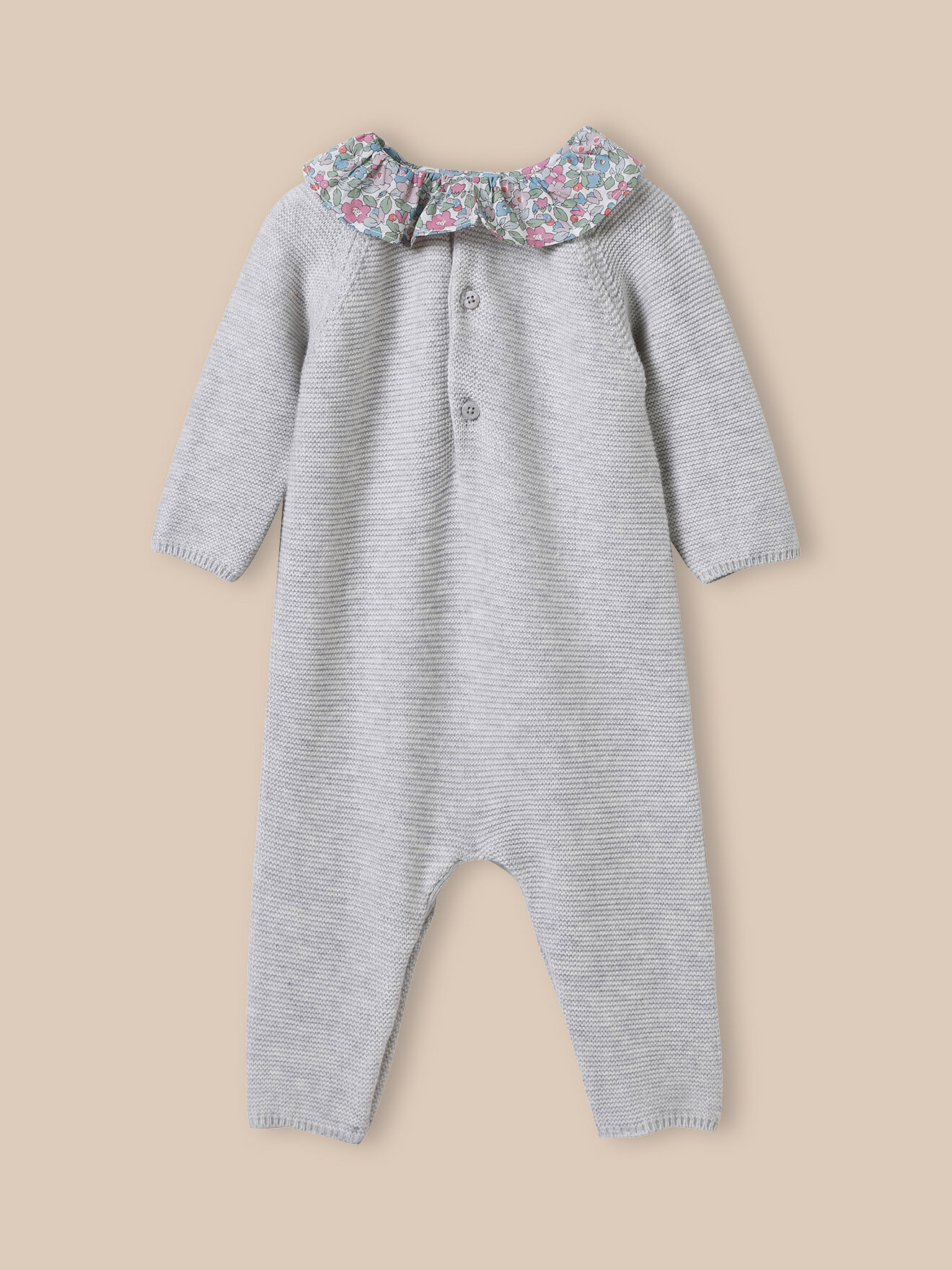 Knit jumpsuit with Liberty fabric collar. CYRILLUS Grey