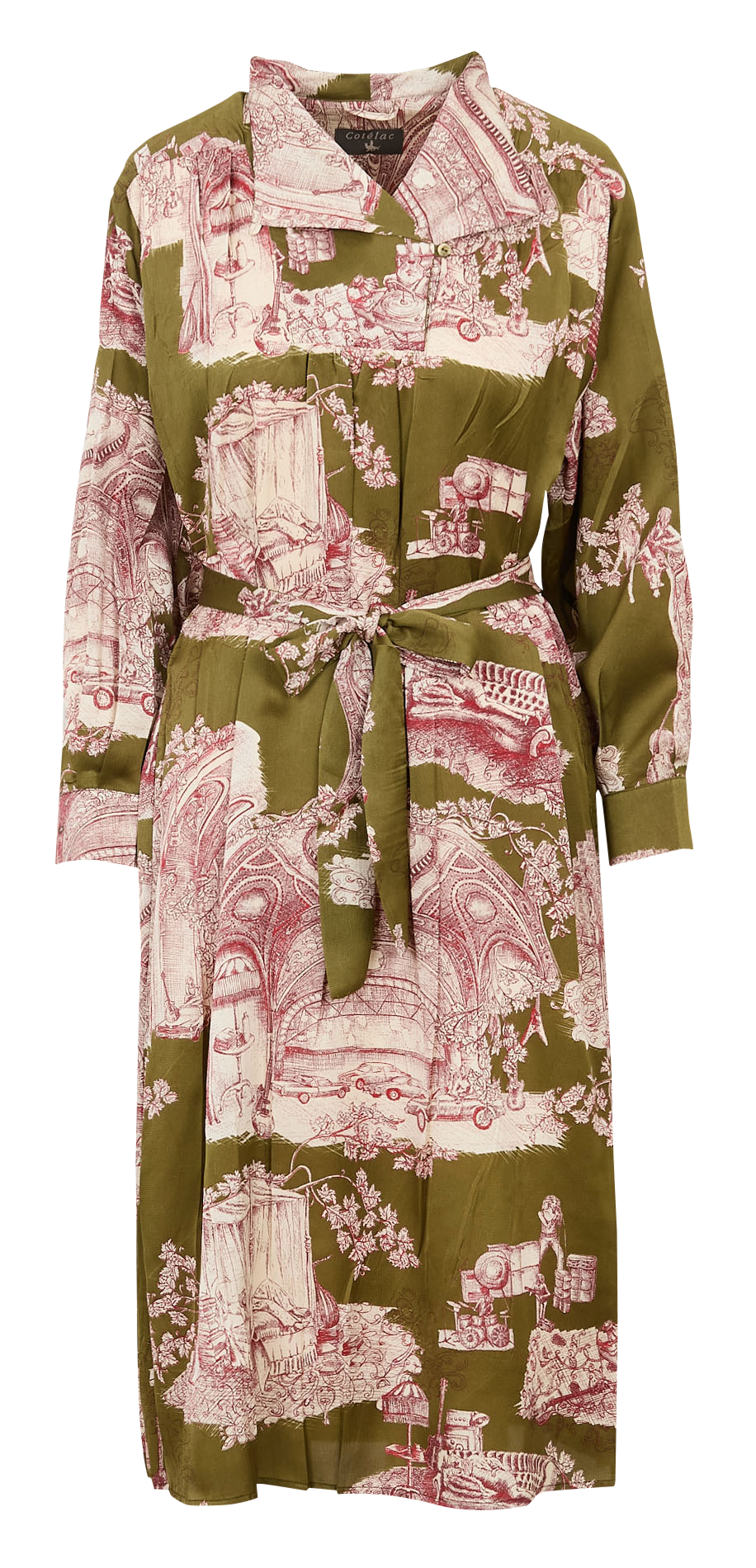 Wijde lange jurk met opstaande kraag en print COTELAC Groen