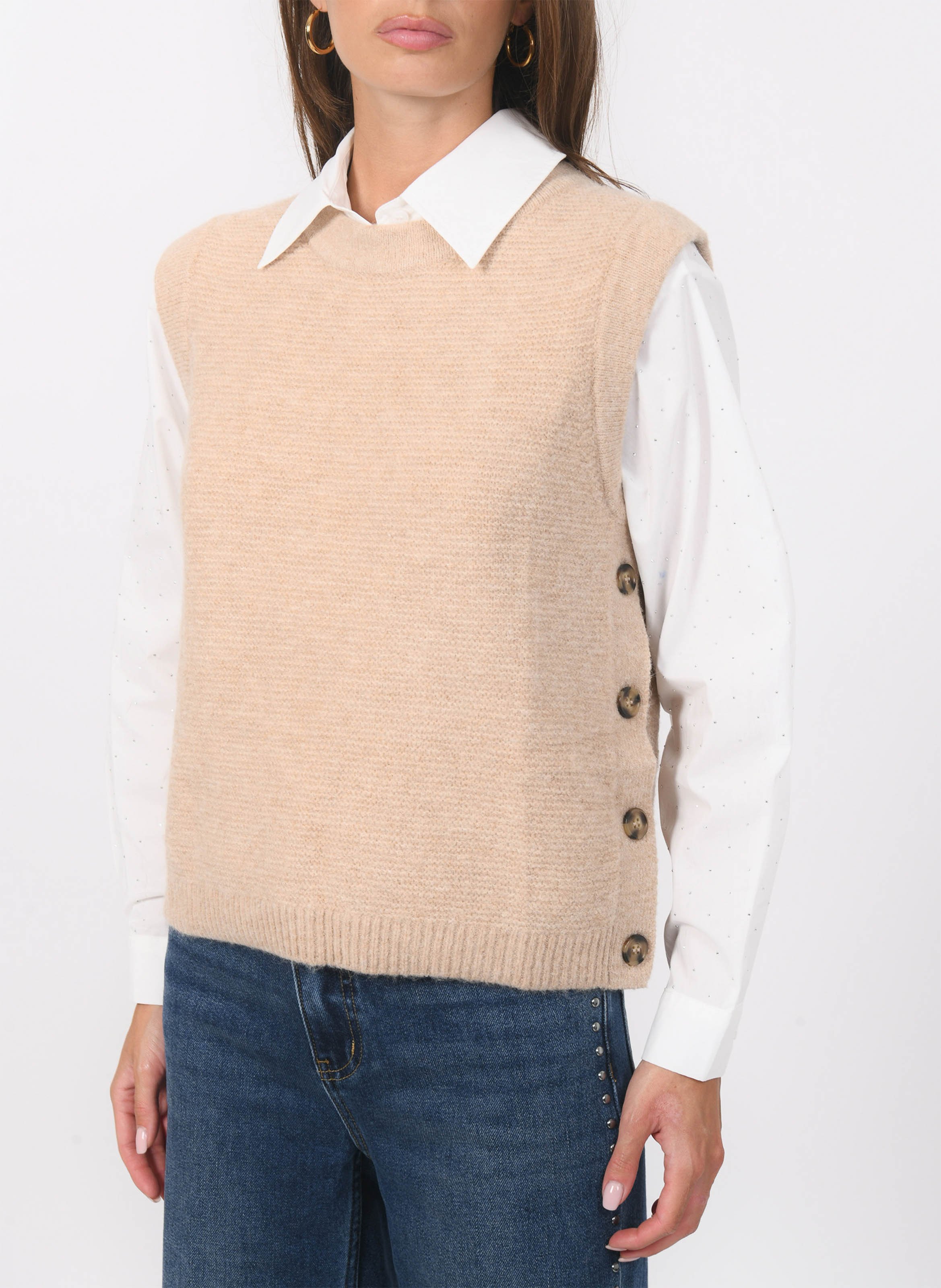 Pull sans manches col rond en maille mélangée KOOKAI Beige