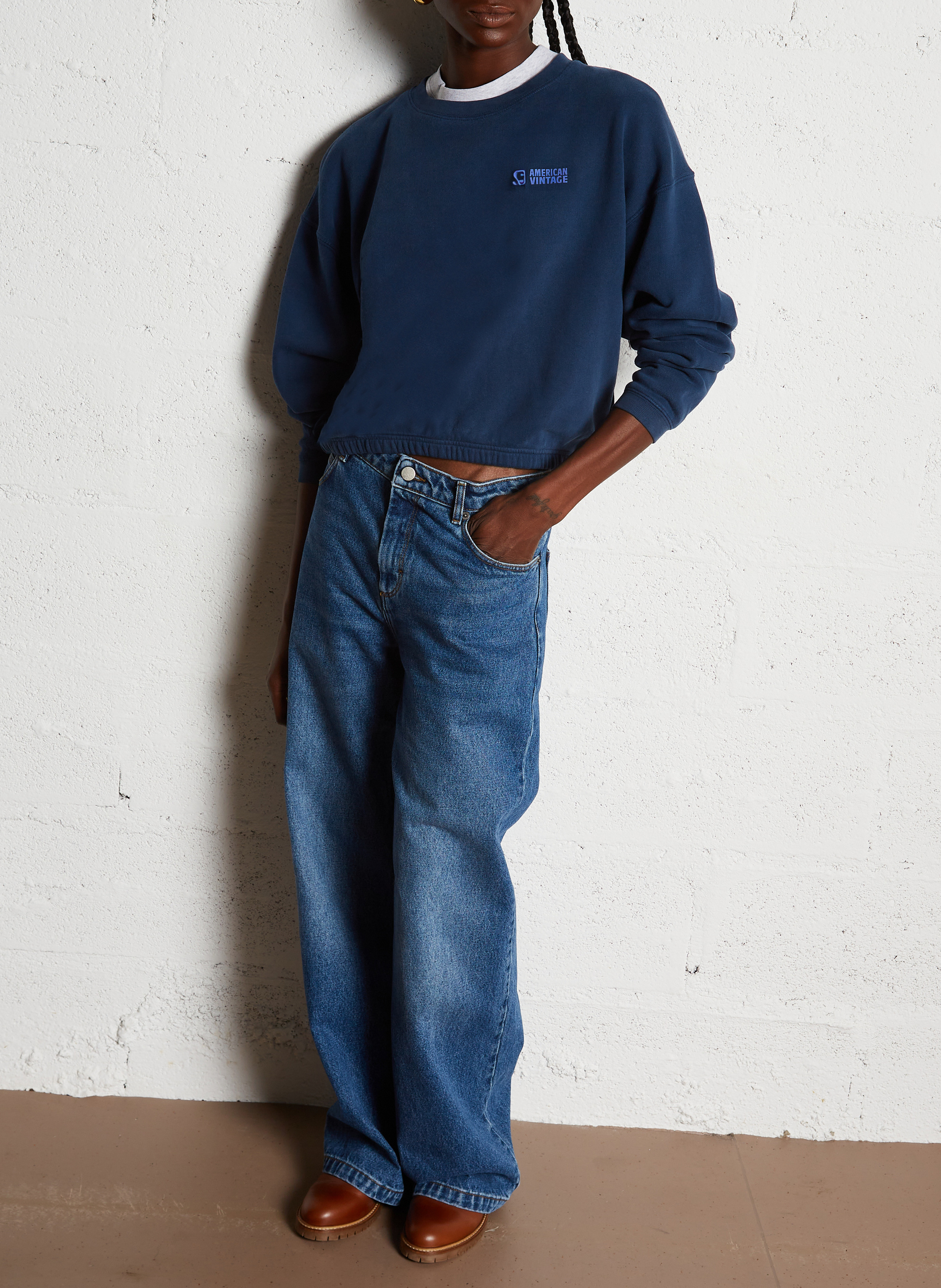 Short round-neck cotton-blend sweatshirt AMERICAN VINTAGE Blue