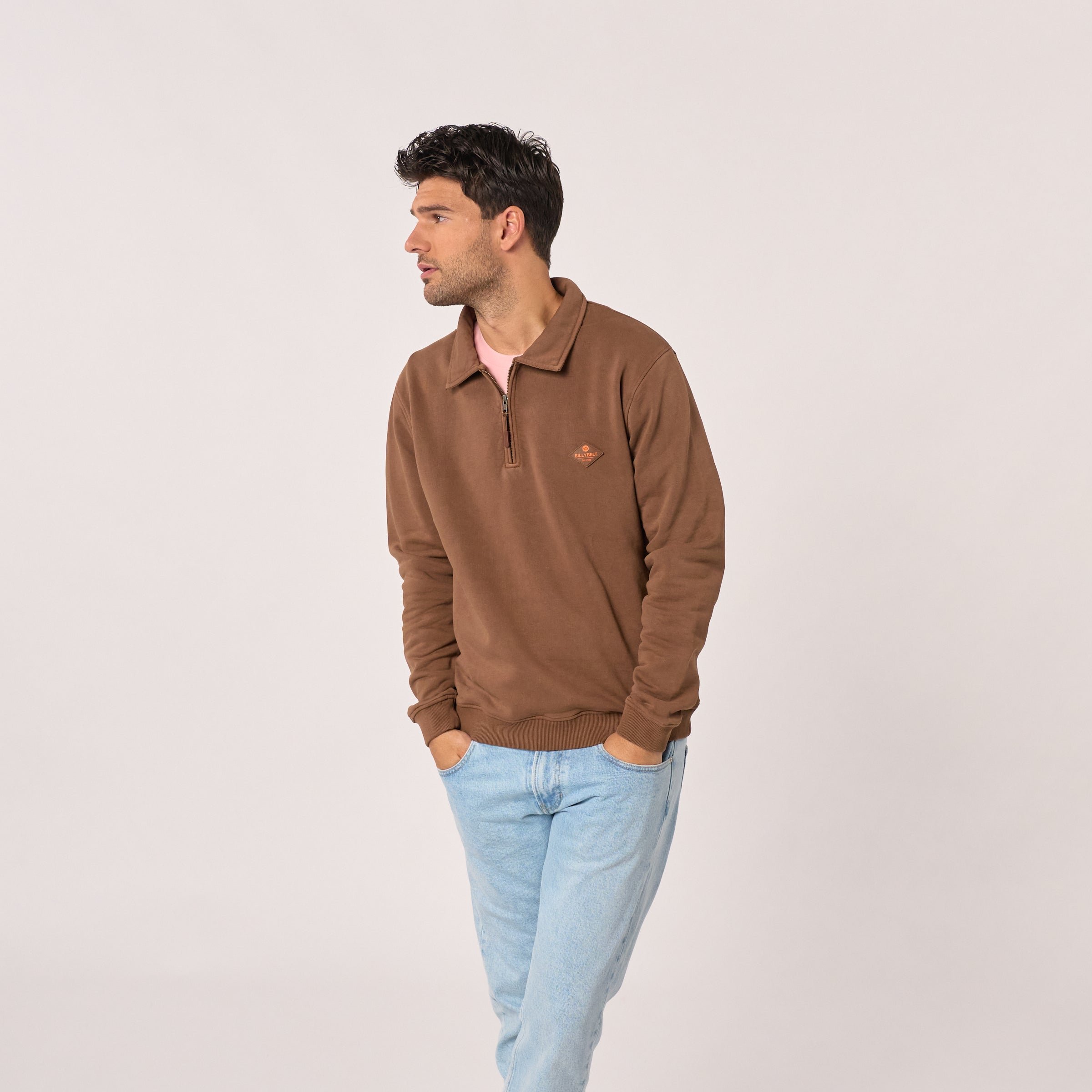 Zip-neck organic cotton sweatshirt Brown