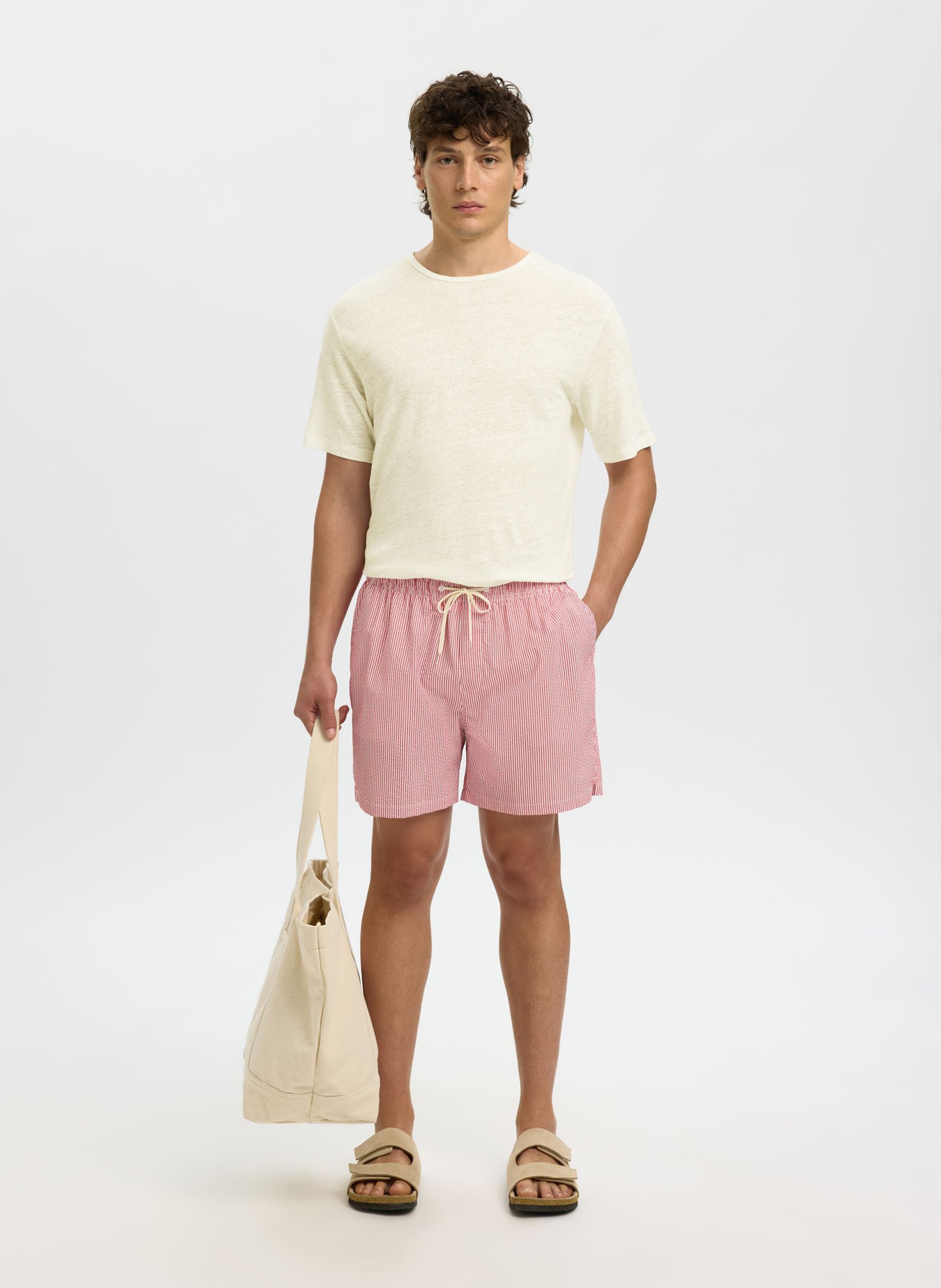 Tee-shirt col rond en lin  SELECTED Beige