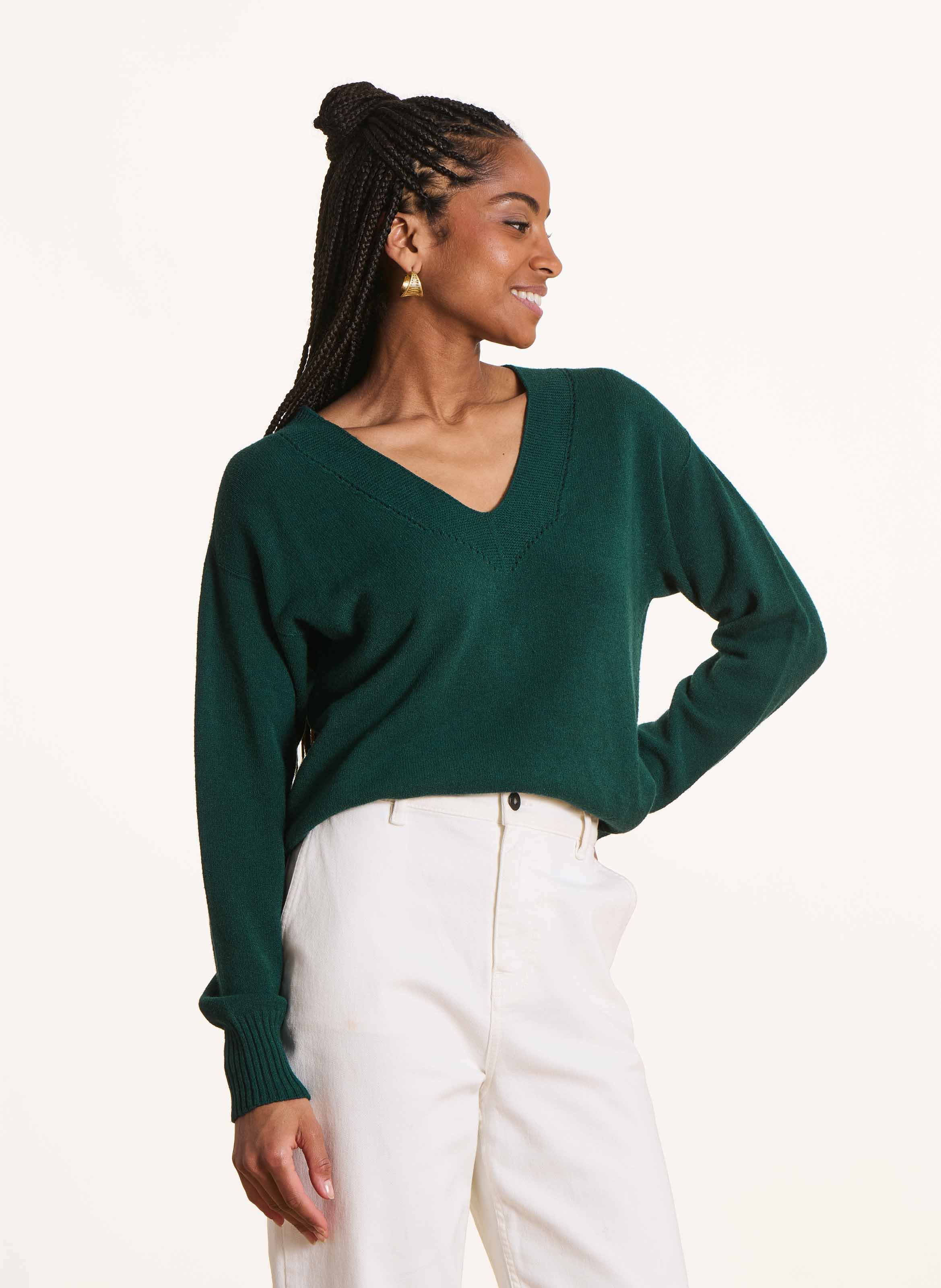 Loose-fit mixed-knit V-neck sweater LA FEE MARABOUTEE Blue