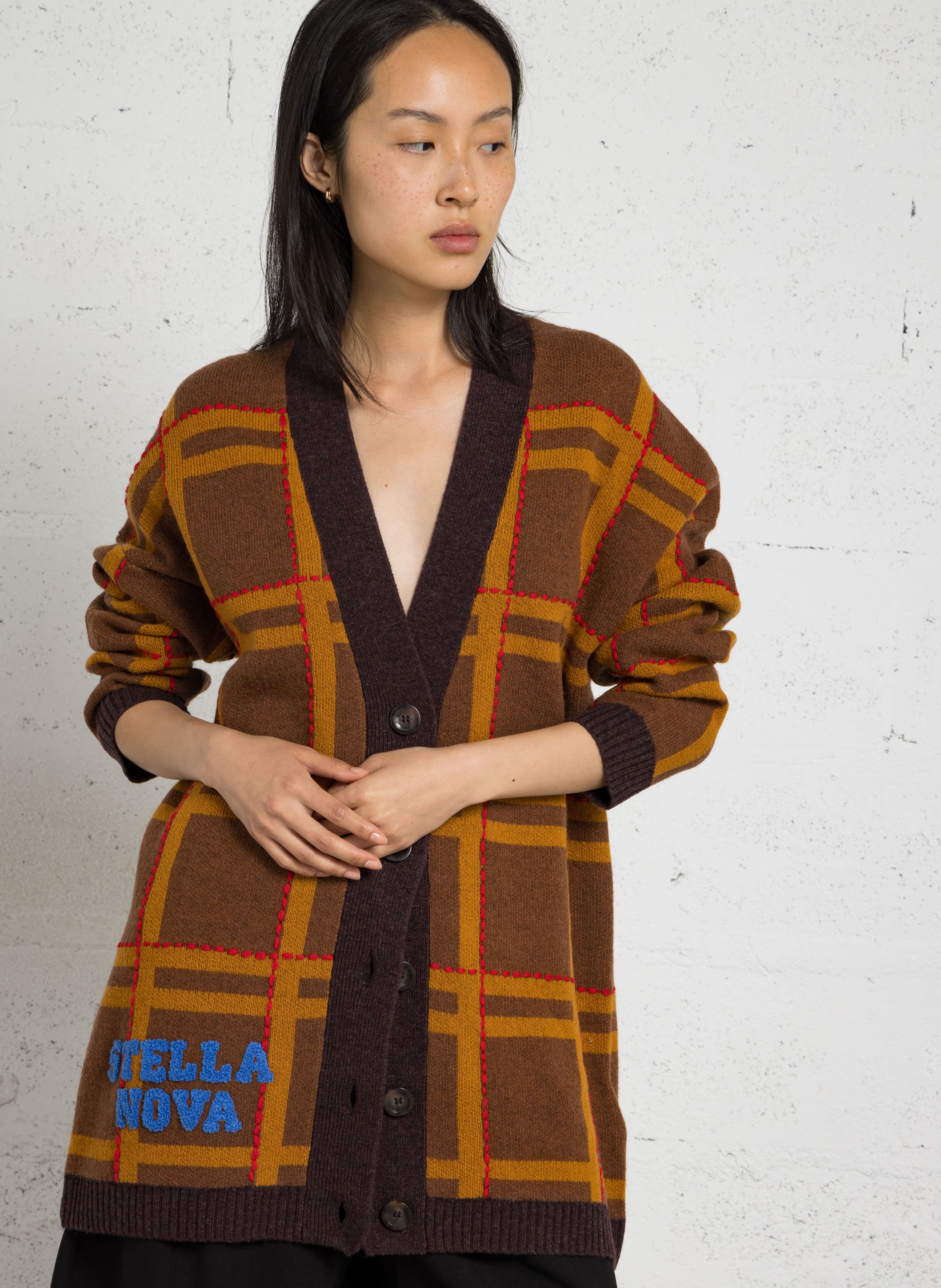 Cardigan oversize col v brodé en laine mélangée STELLA NOVA Marron