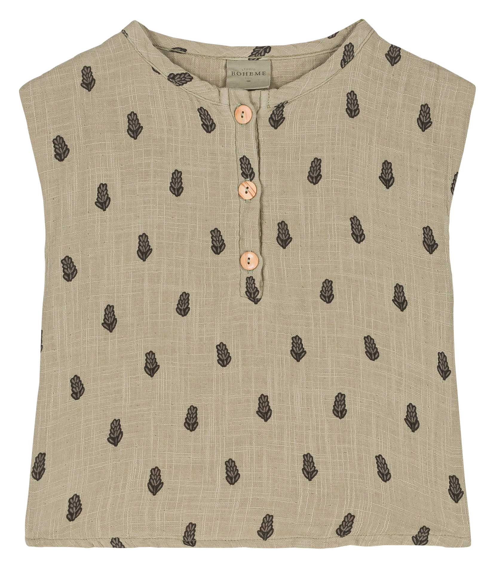 Straight printed organic cotton round-neck blouse STUDIO BOHEME Khaki