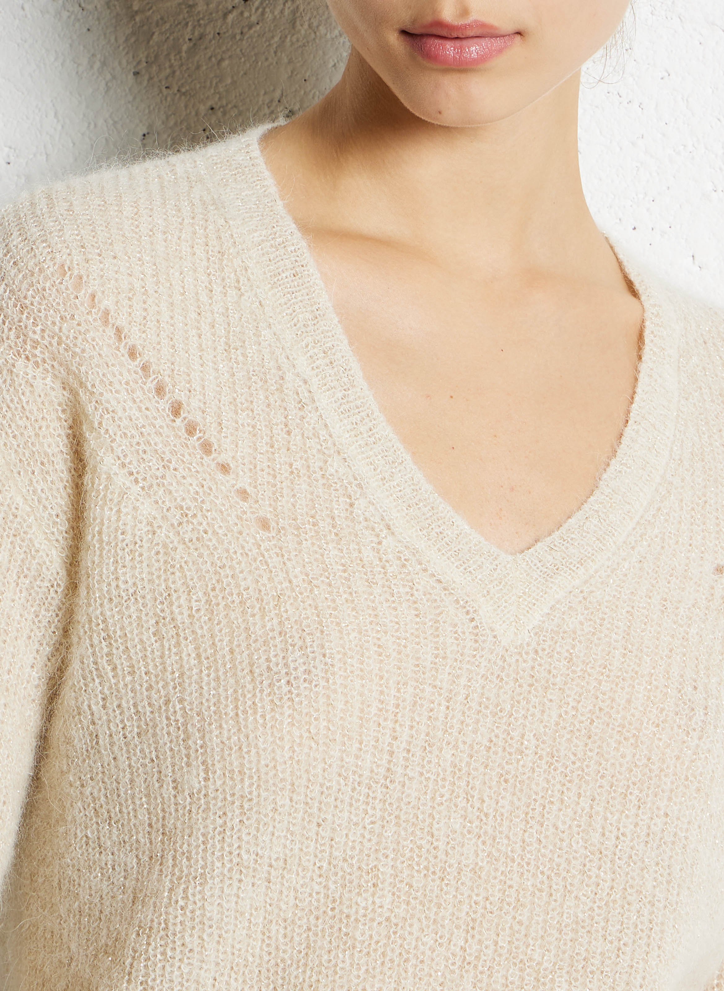 Pull droit col V métallisé en laine mélangée SUD EXPRESS Blanc