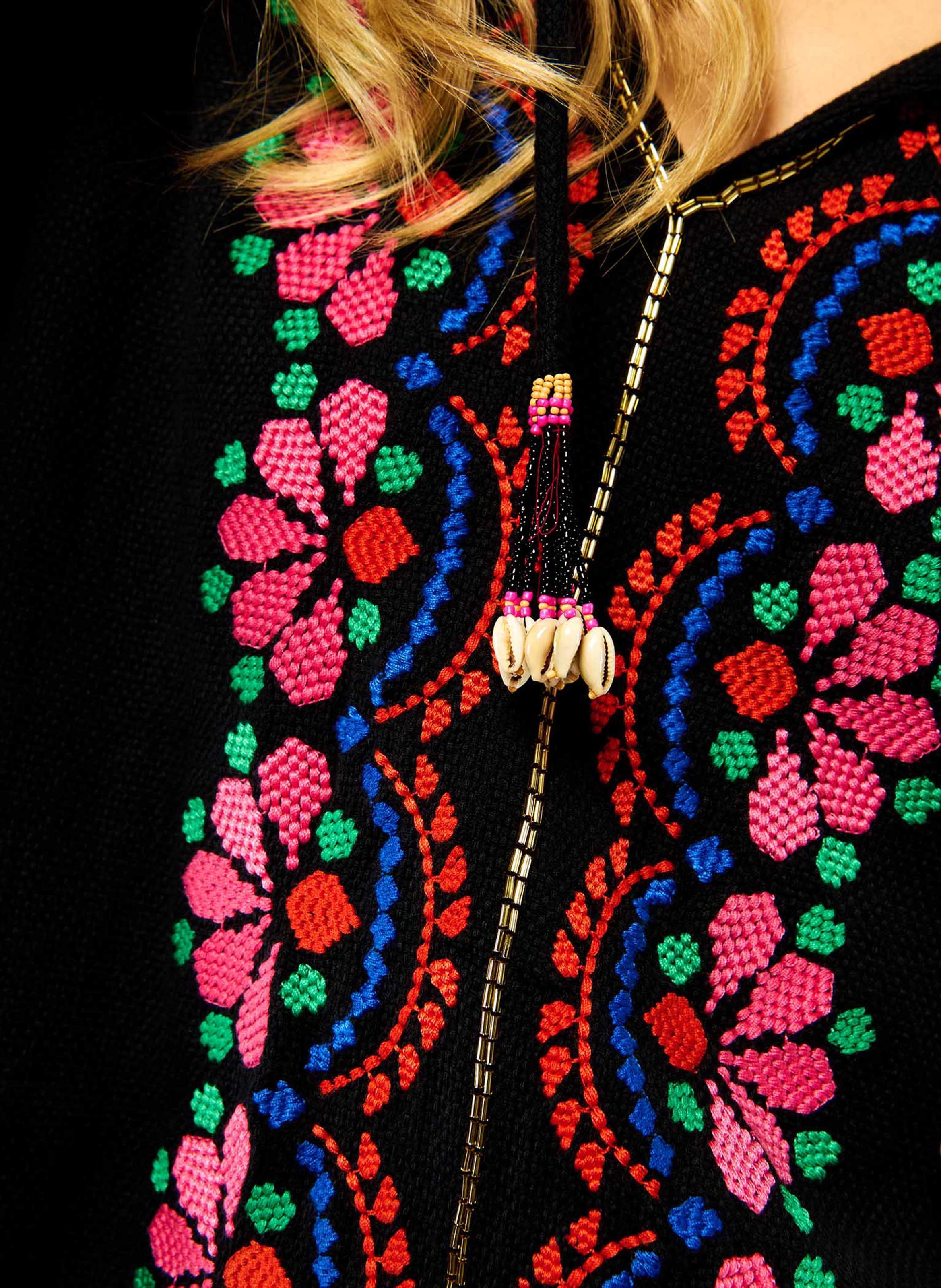 Straight embroidered cotton blouse with Tunisian collar WILD Black