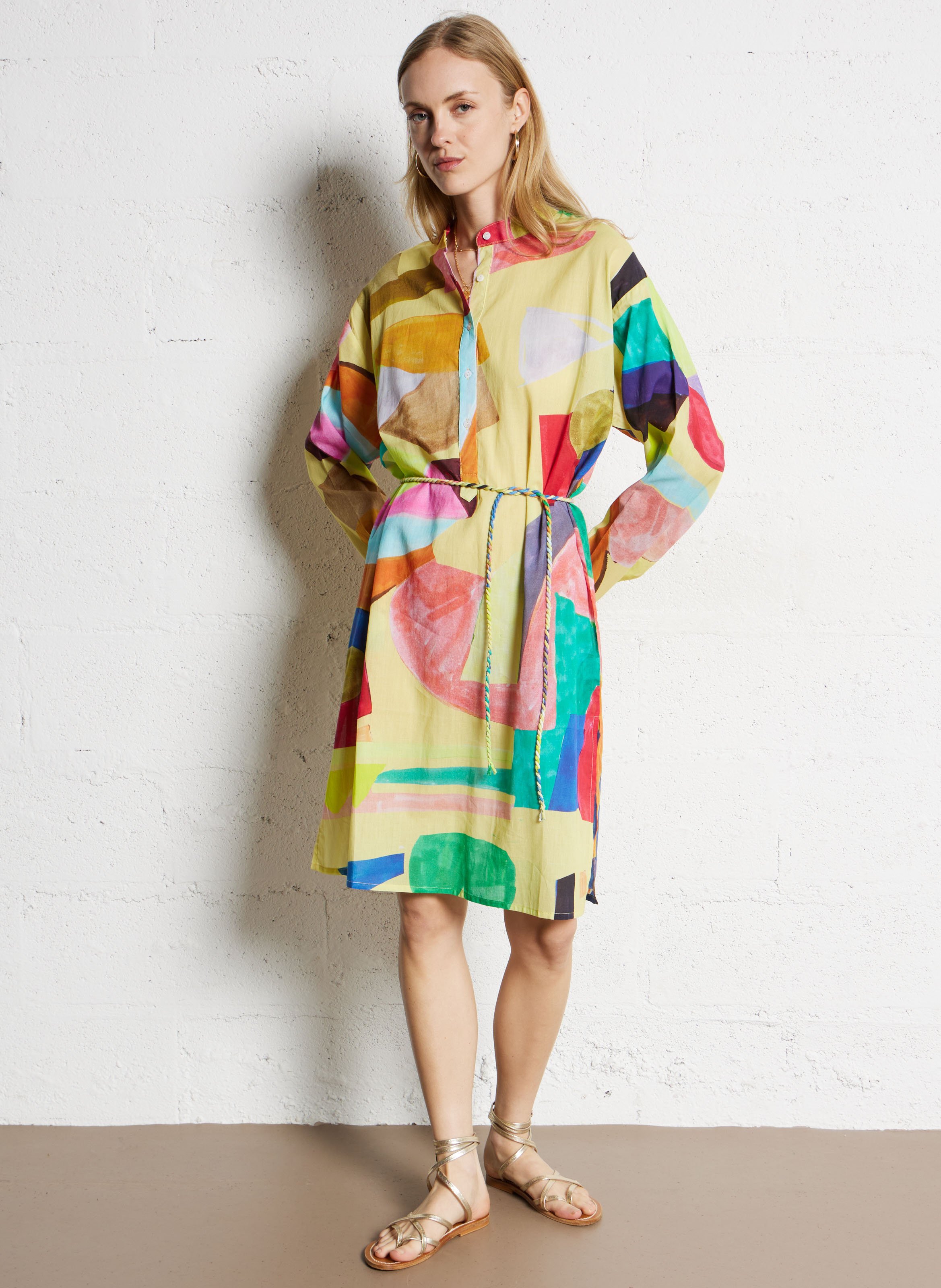 Weites Baumwollkleid mit Mao-Kragen G.KERO Gelb