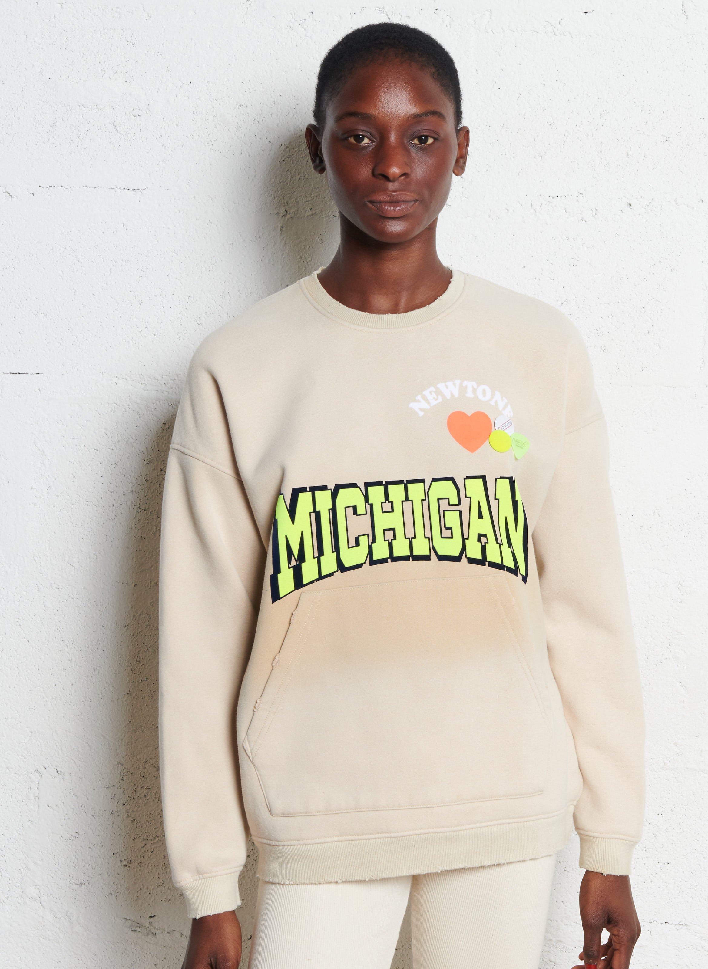 Loose-fit round-neck cotton sweatshirt with screen print NEWTONE Beige