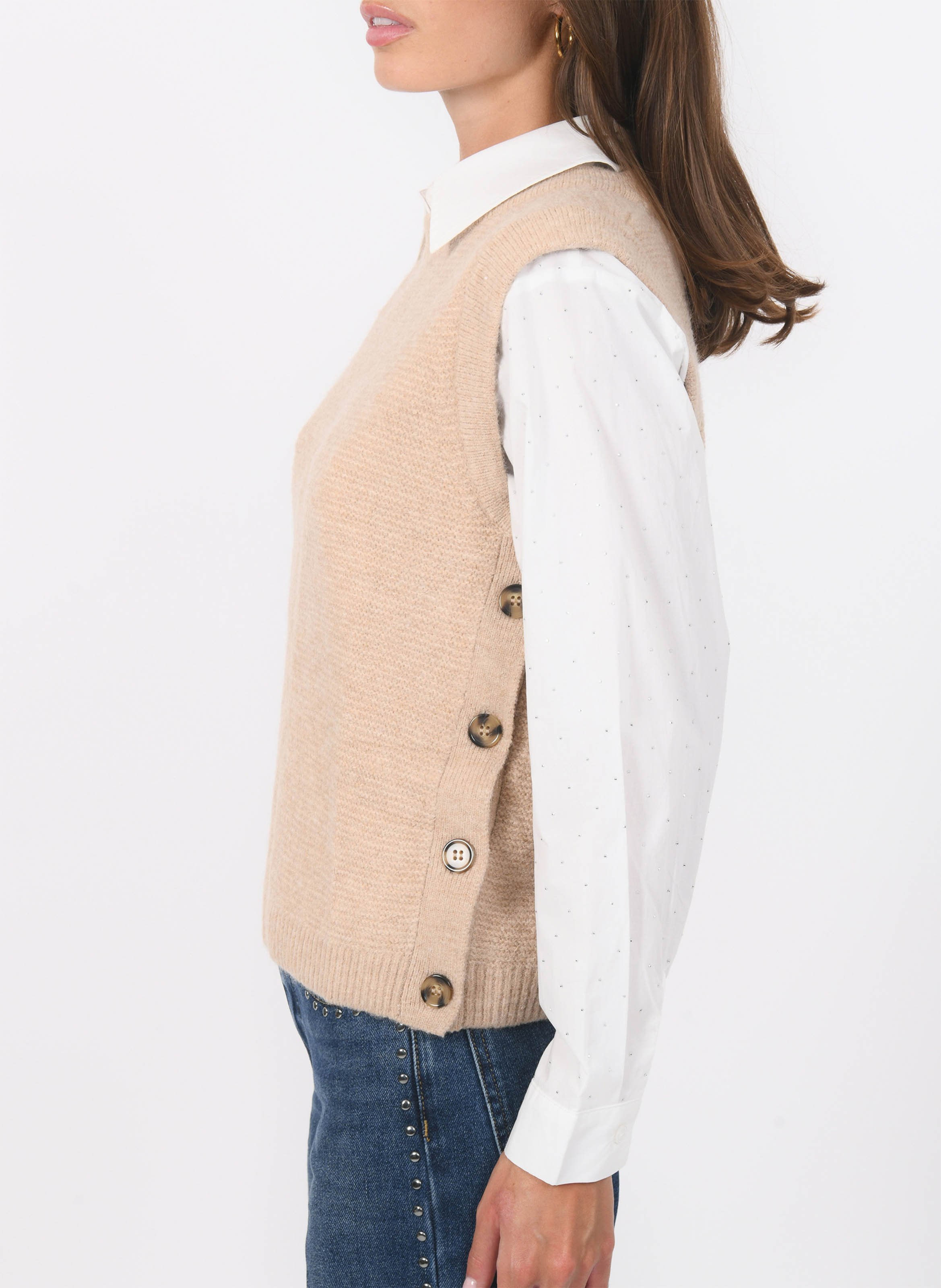 Pull sans manches col rond en maille mélangée KOOKAI Beige