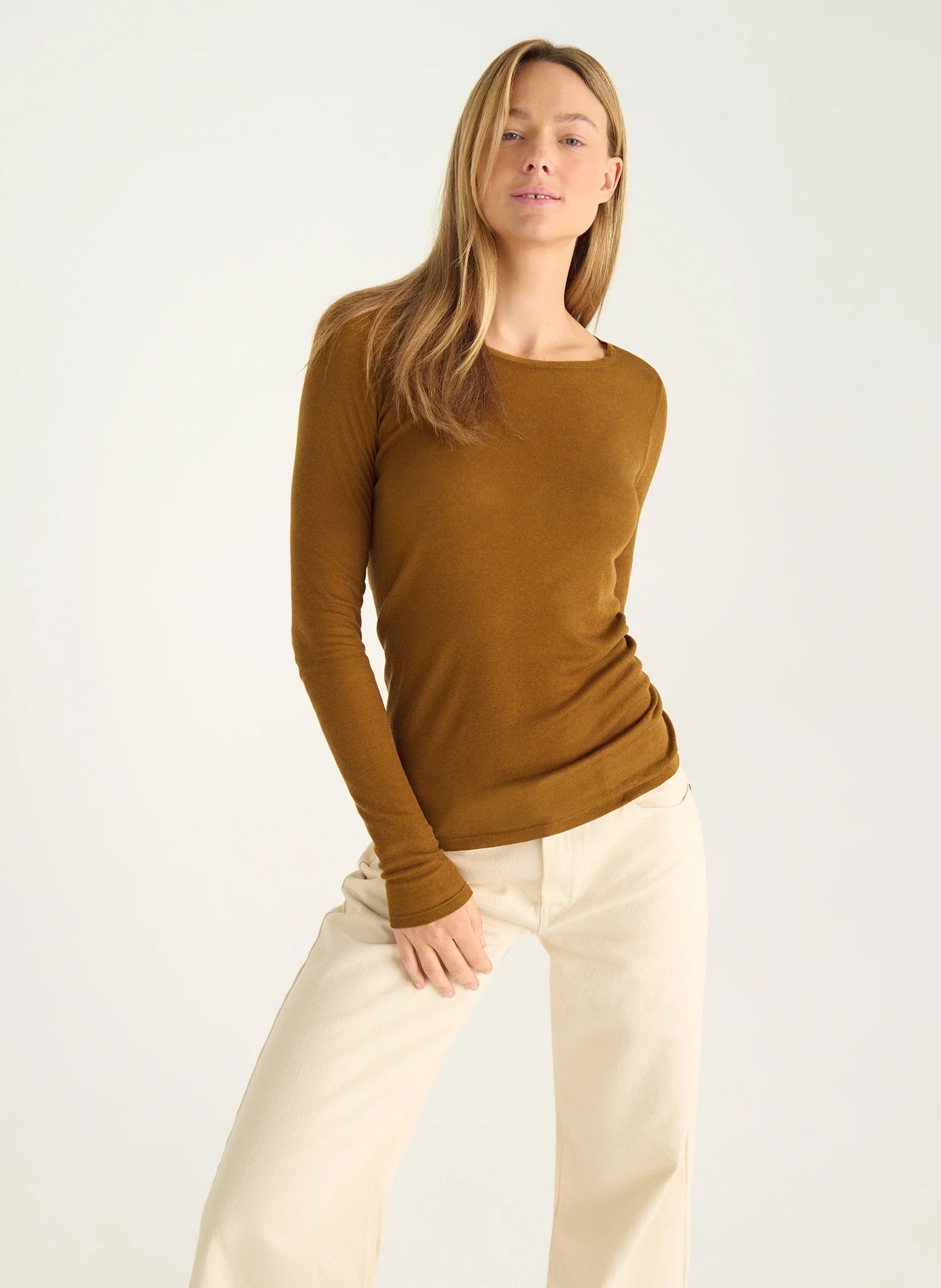 Plain long-sleeved T-shirt ACOTE Brown