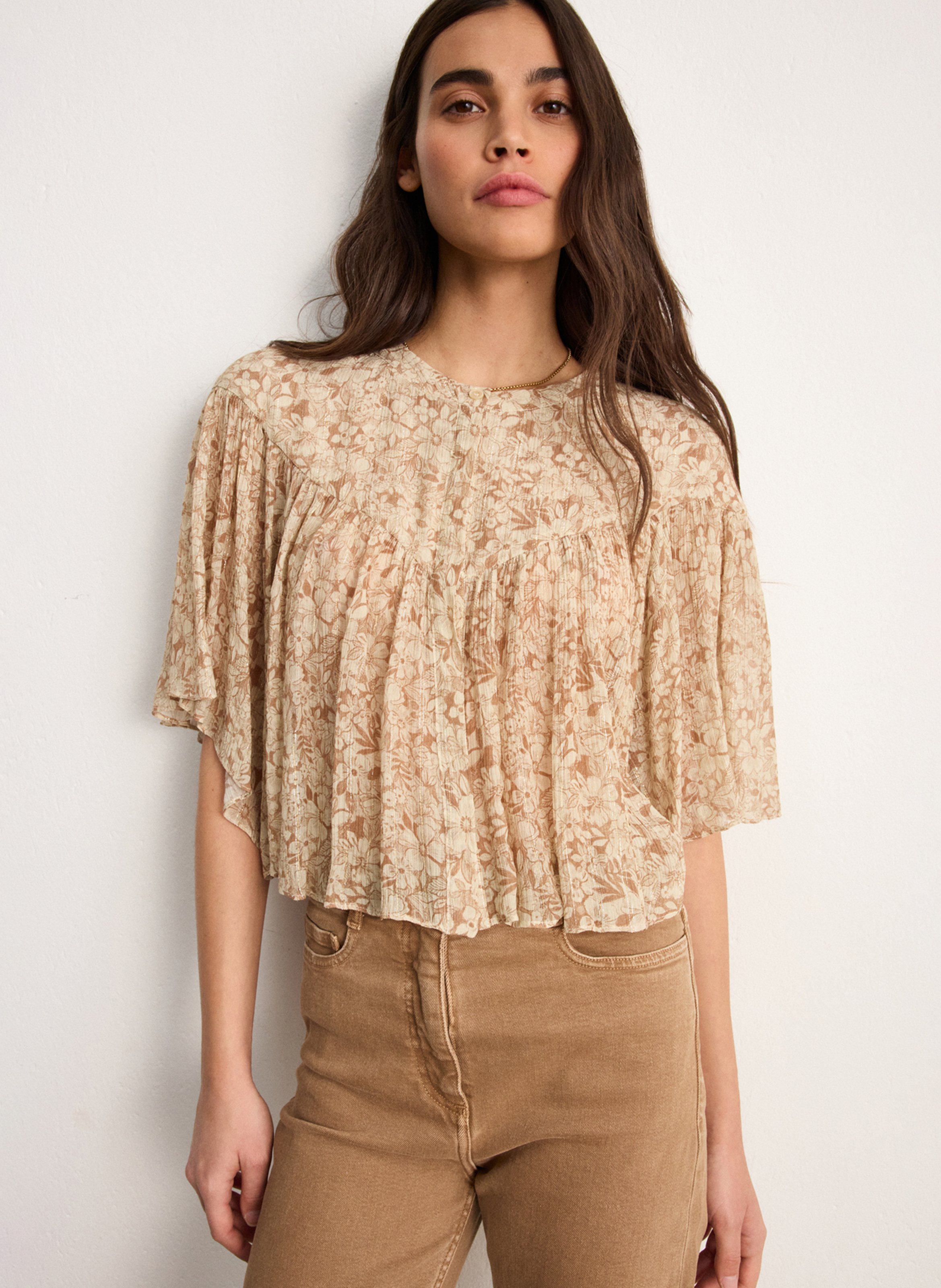 Chemise ample col rond imprimée PABLO Beige