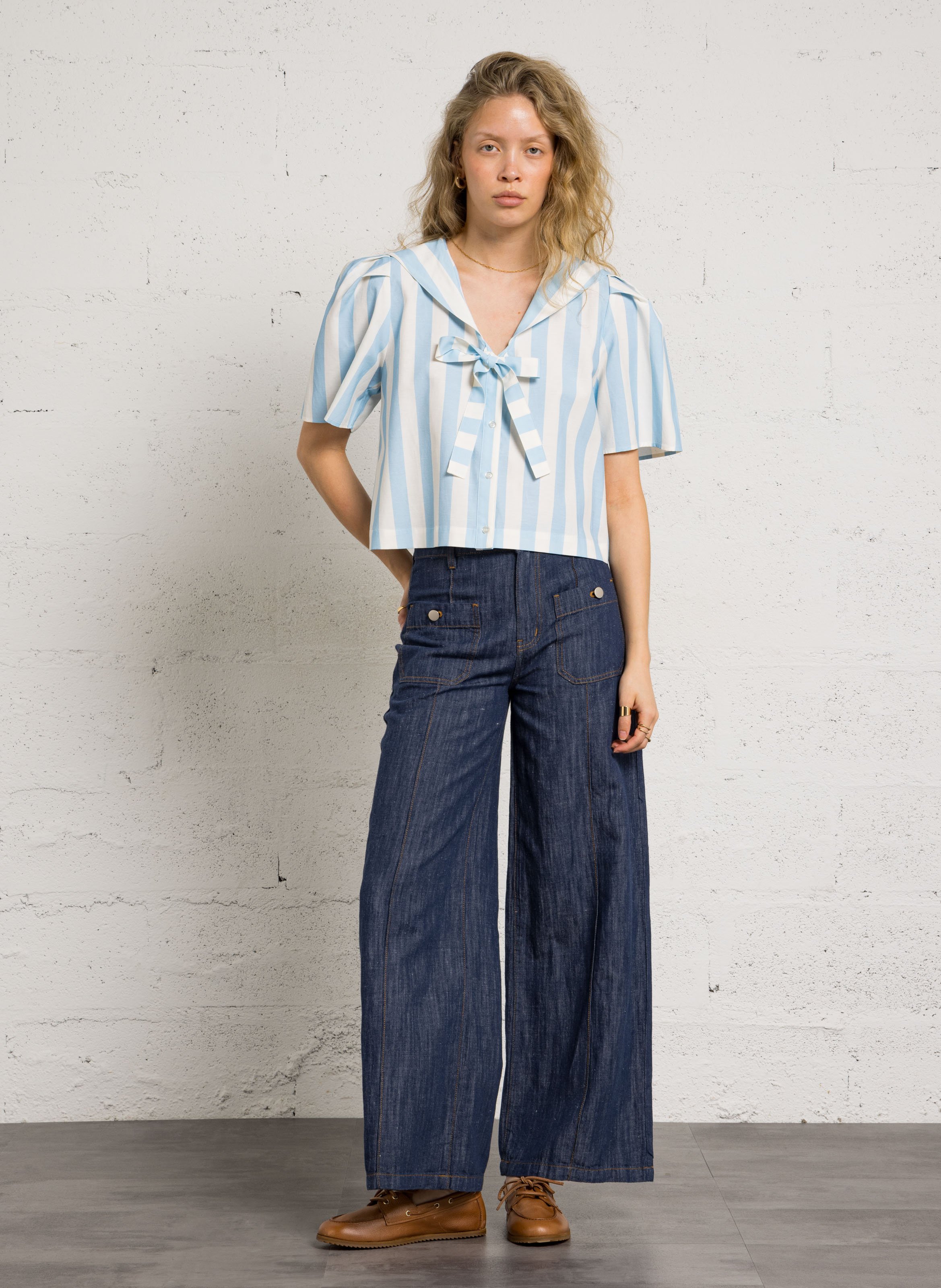 Gestreepte korte blouse met omgeslagen kraag THE TINY BIG SISTER Blauw