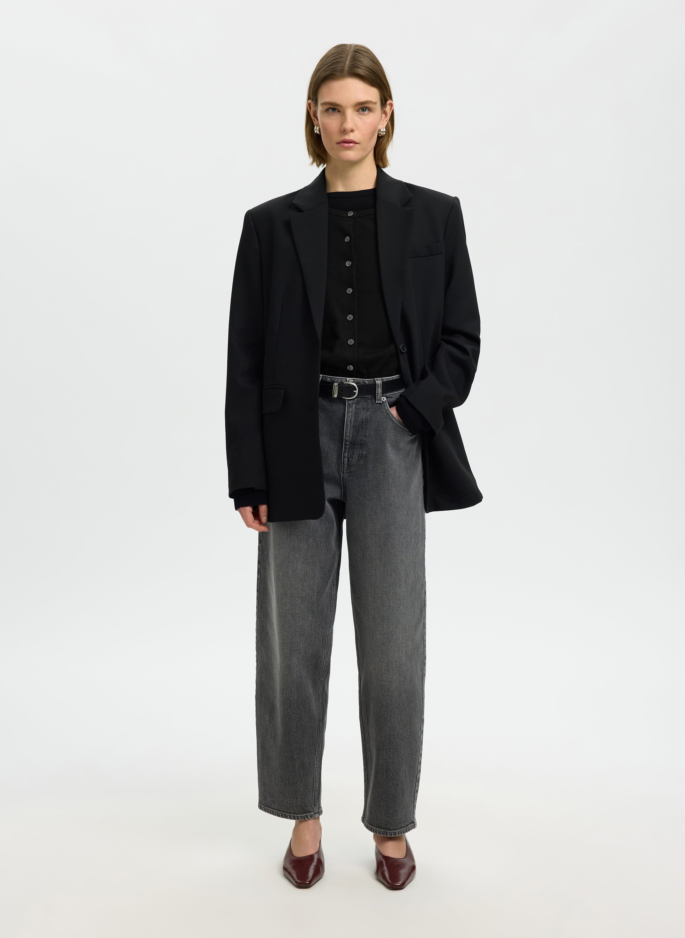 Gerader melierter Knopf-Cardigan SELECTED Schwarz