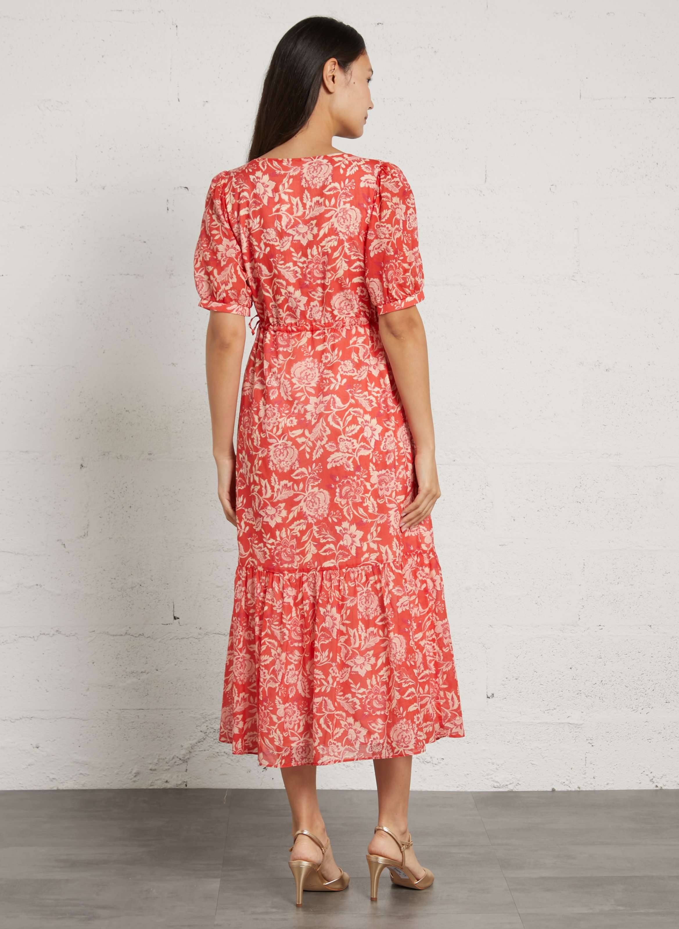 Lange, katoenen jurk met V-hals SUD EXPRESS Rood