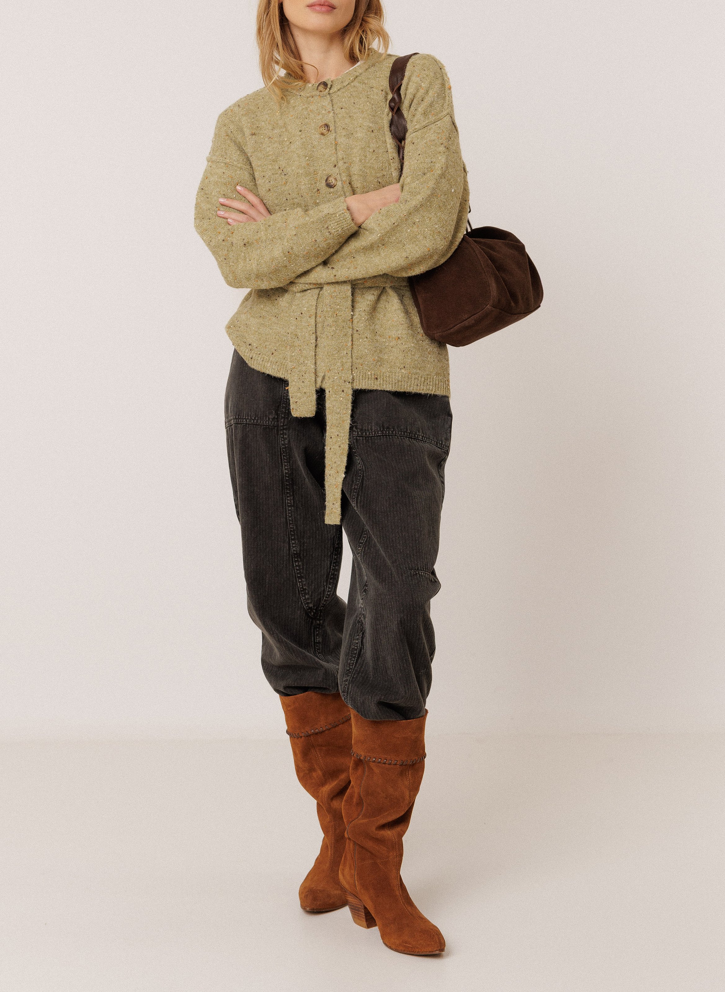 Gilet col rond ceinturé INDI & COLD Vert