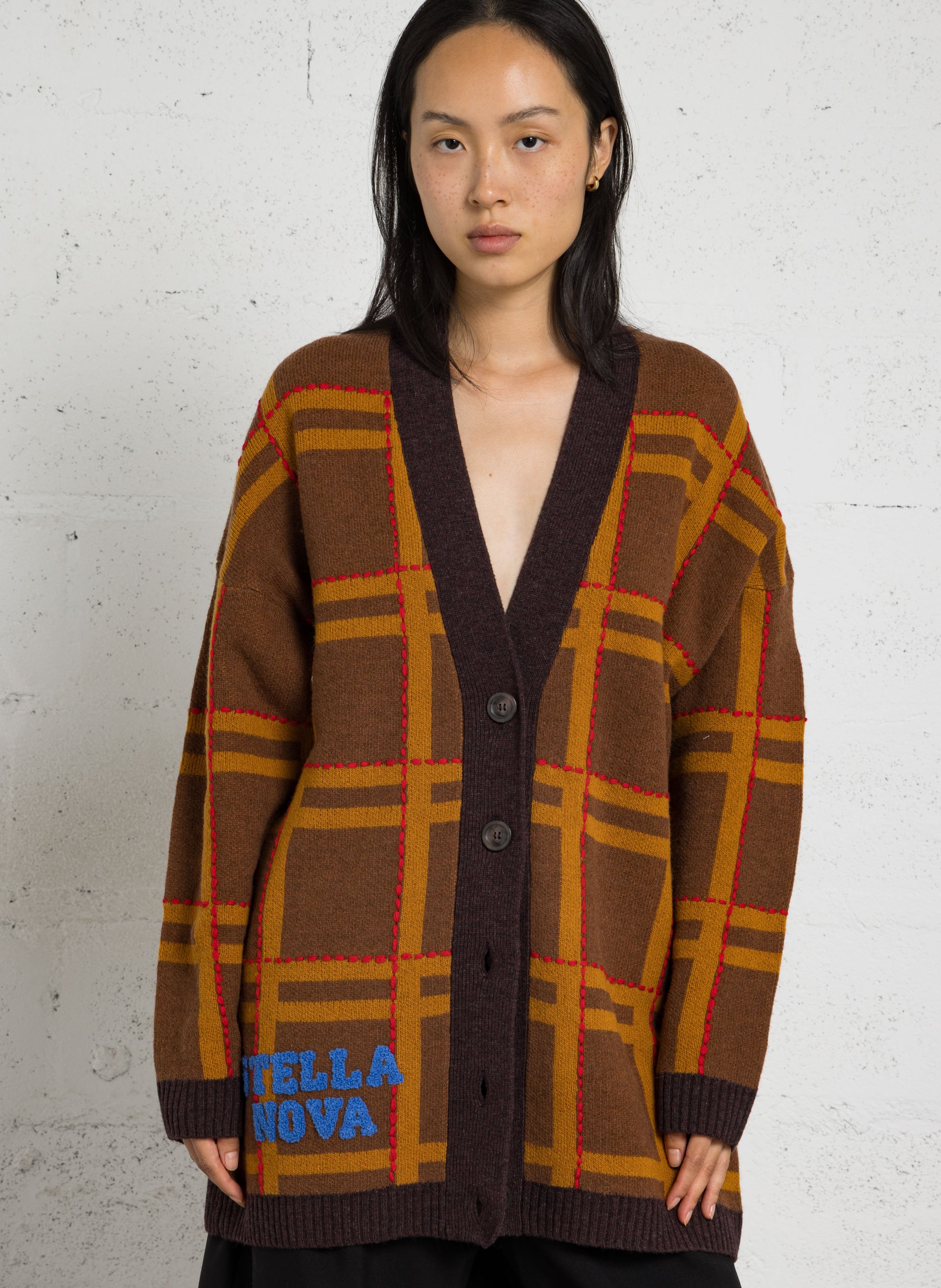 Cardigan oversize col v brodé en laine mélangée STELLA NOVA Marron