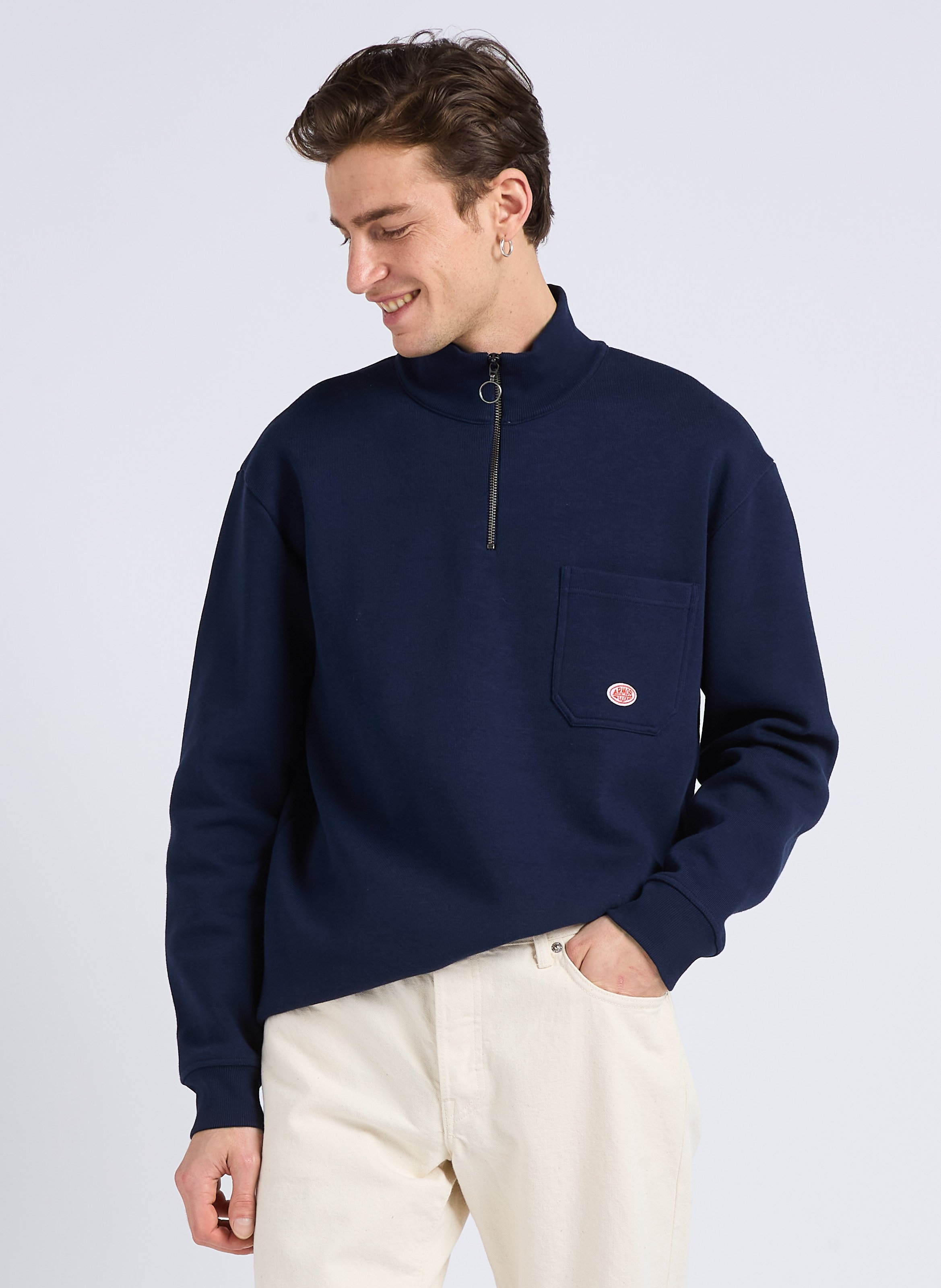 Pull ample col montant zippé en coton bio ARMOR LUX Bleu