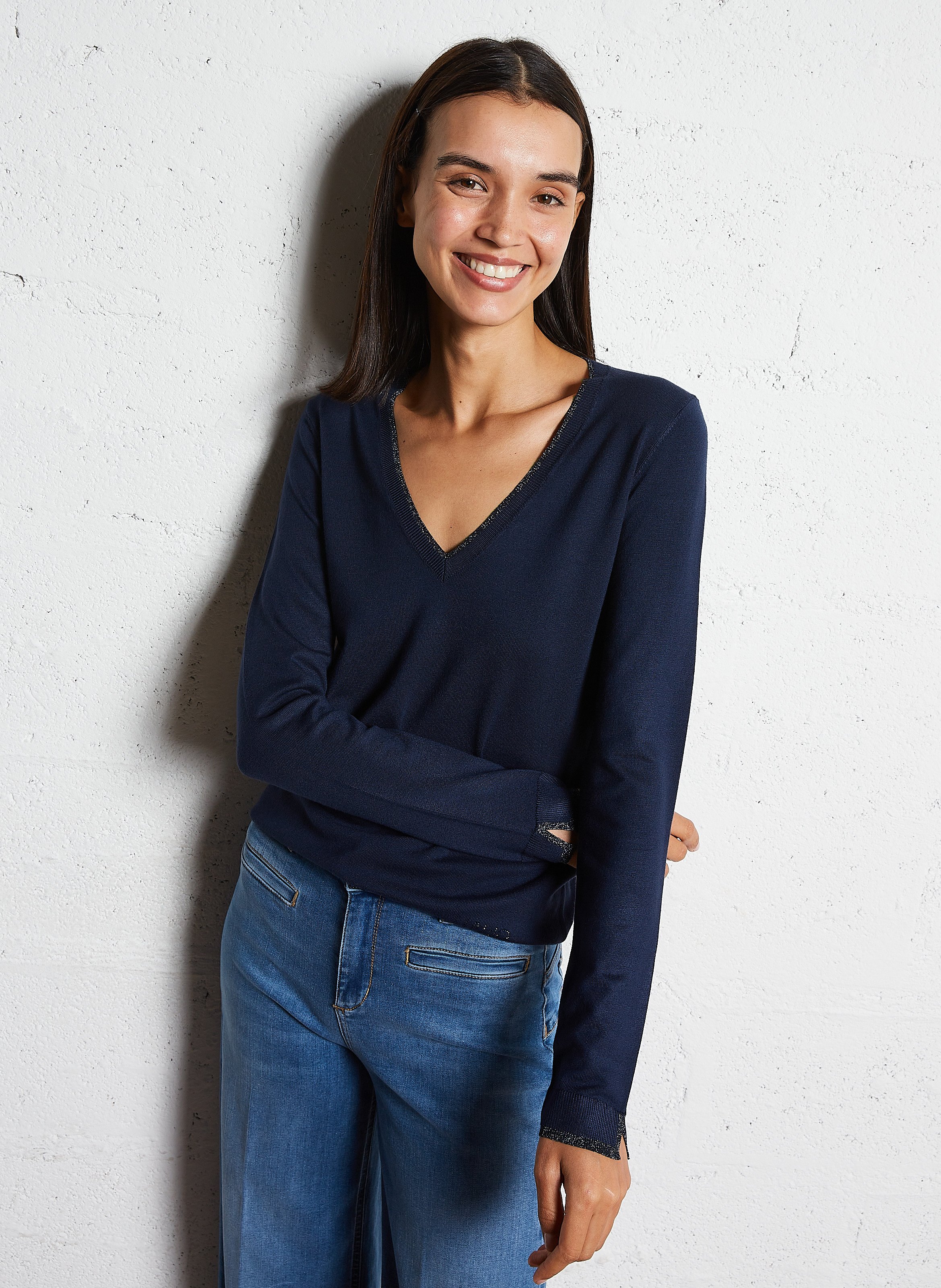 Pull col v à liseré pailleté LIU JO Bleu