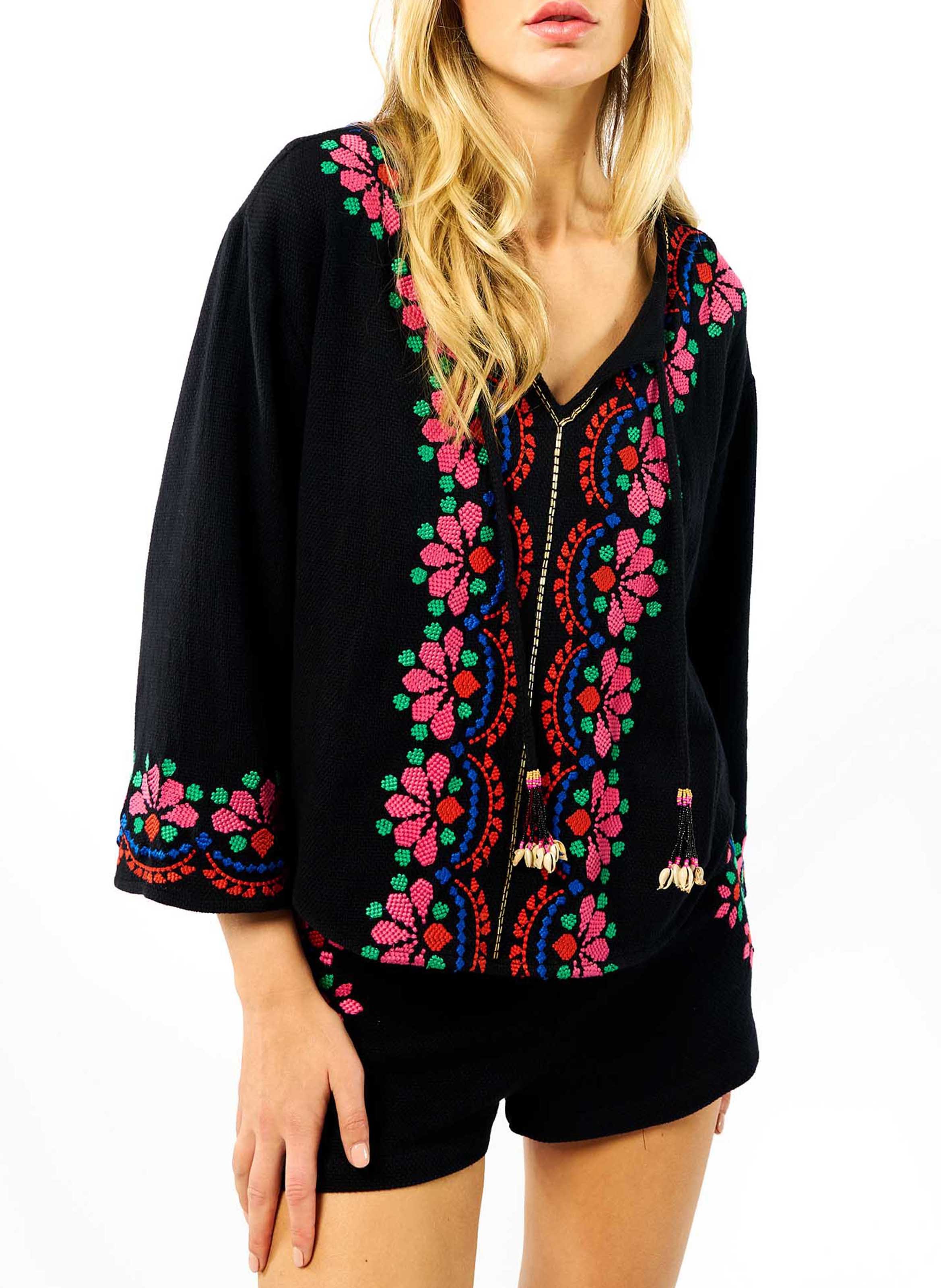 Straight embroidered cotton blouse with Tunisian collar WILD Black