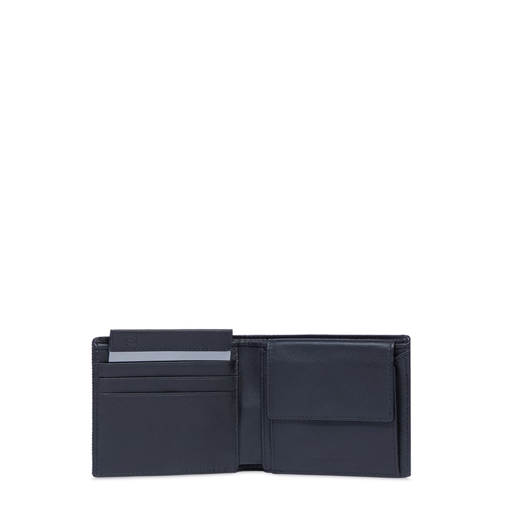 Men's wallet with coin pocket, credit card slots, removable flap, and RFID protection PIQUADRO