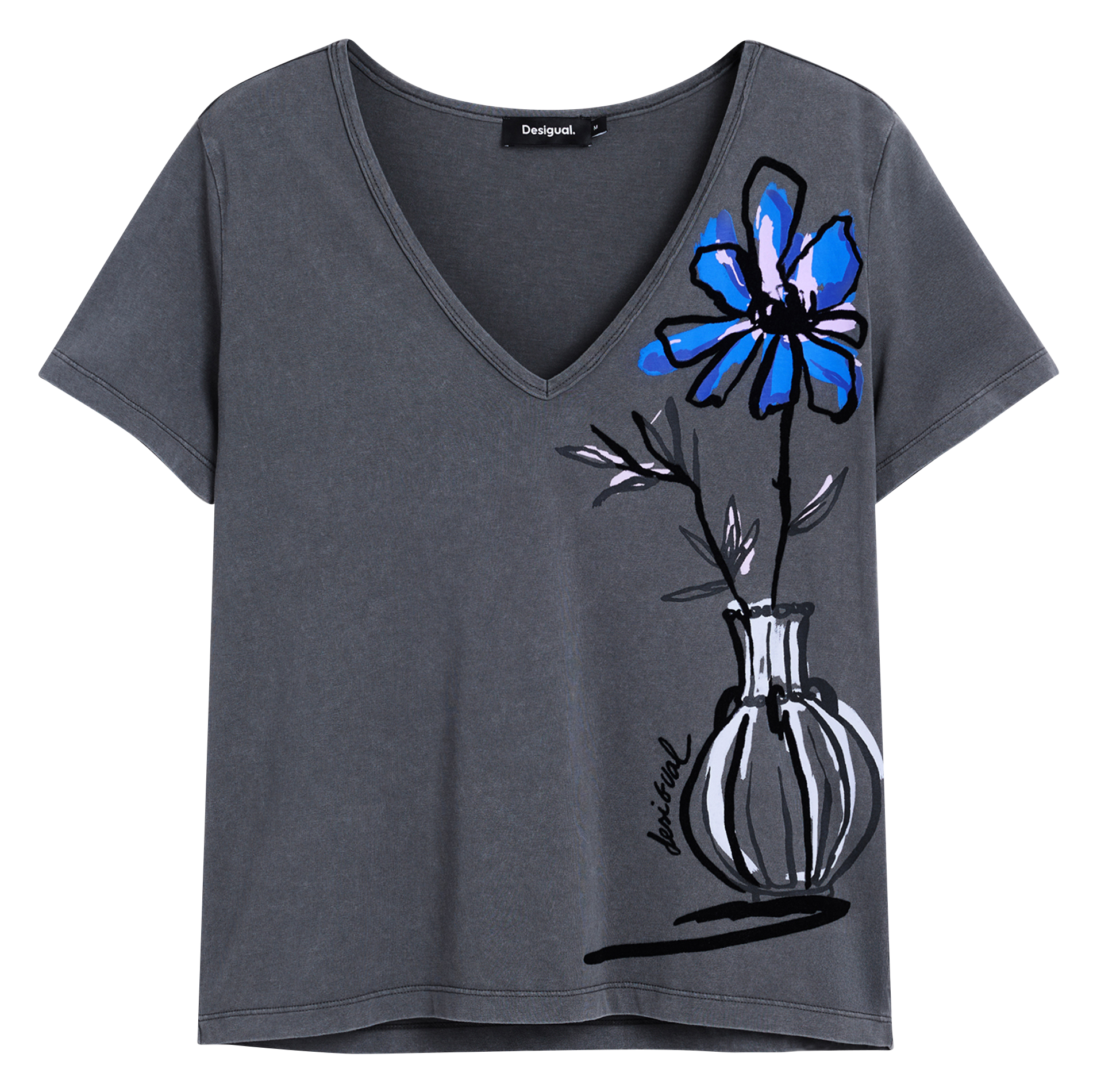 Tee-shirt col V en coton DESIGUAL Noir