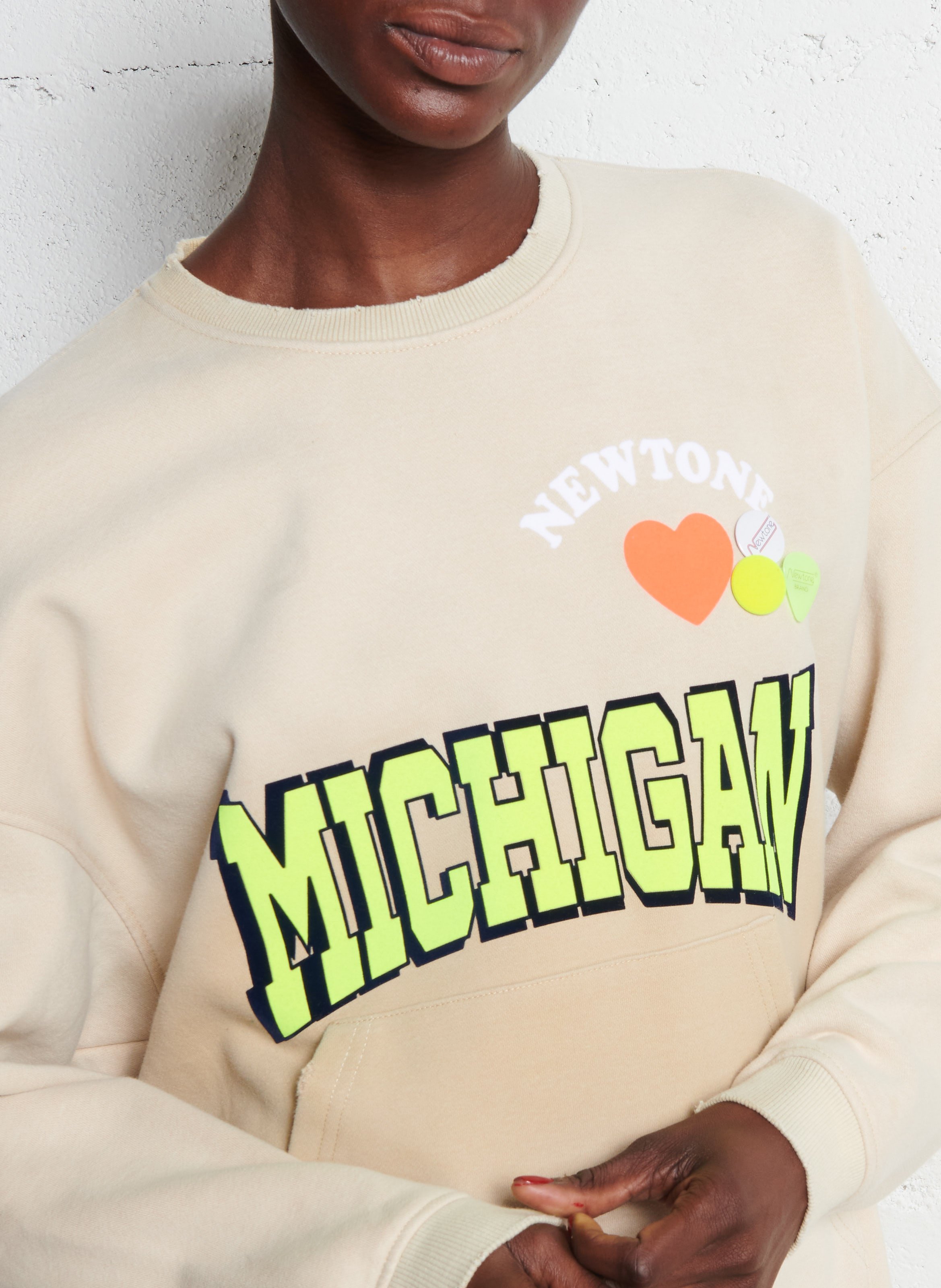 Loose-fit round-neck cotton sweatshirt with screen print NEWTONE Beige