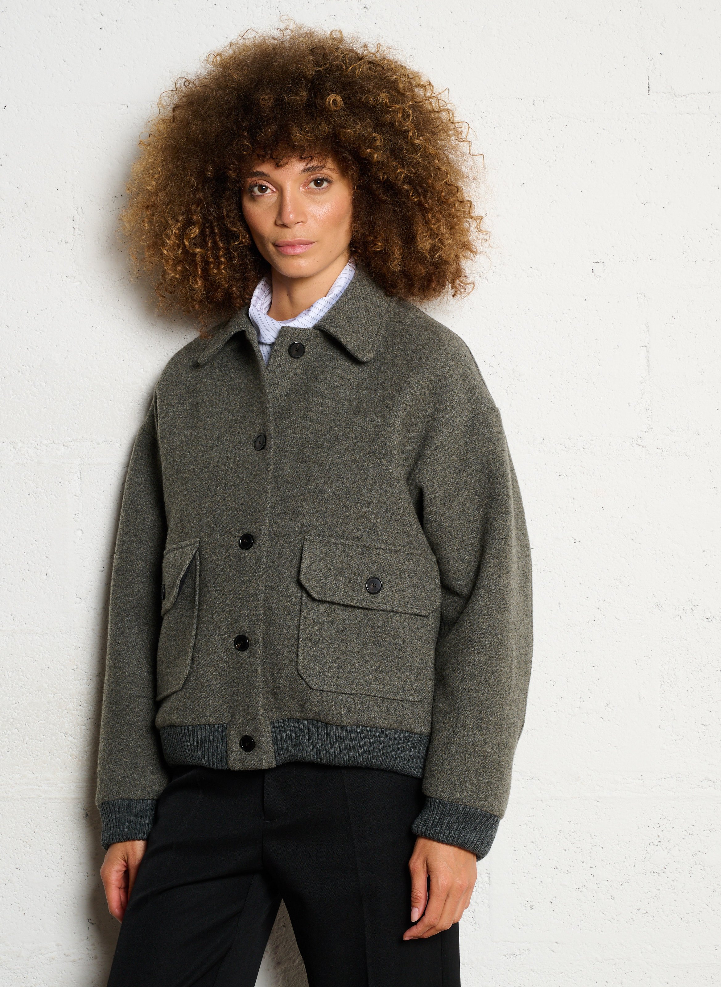 Veste boutonnée unie en laine mélangée MASSCOB Vert