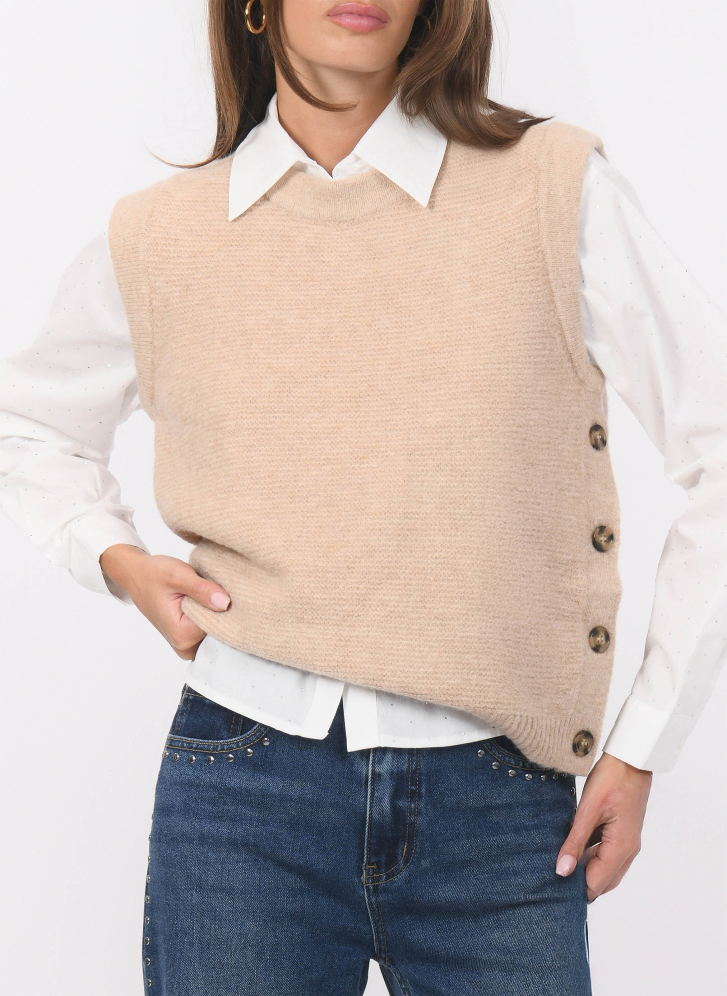 Pull sans manches col rond en maille mélangée KOOKAI Beige