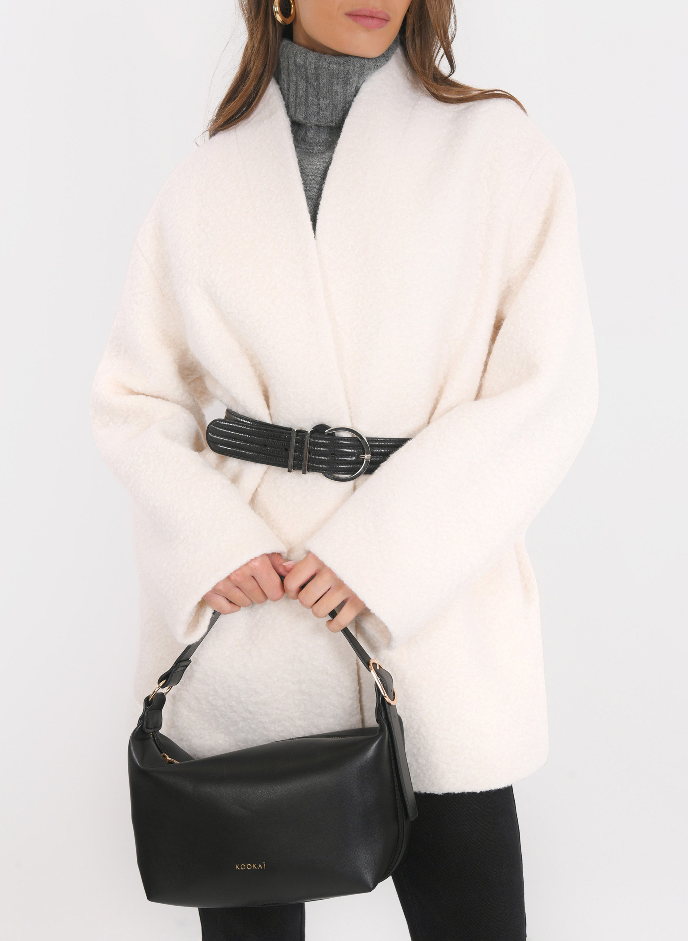 Manteau col v en laine mélangée KOOKAI Beige