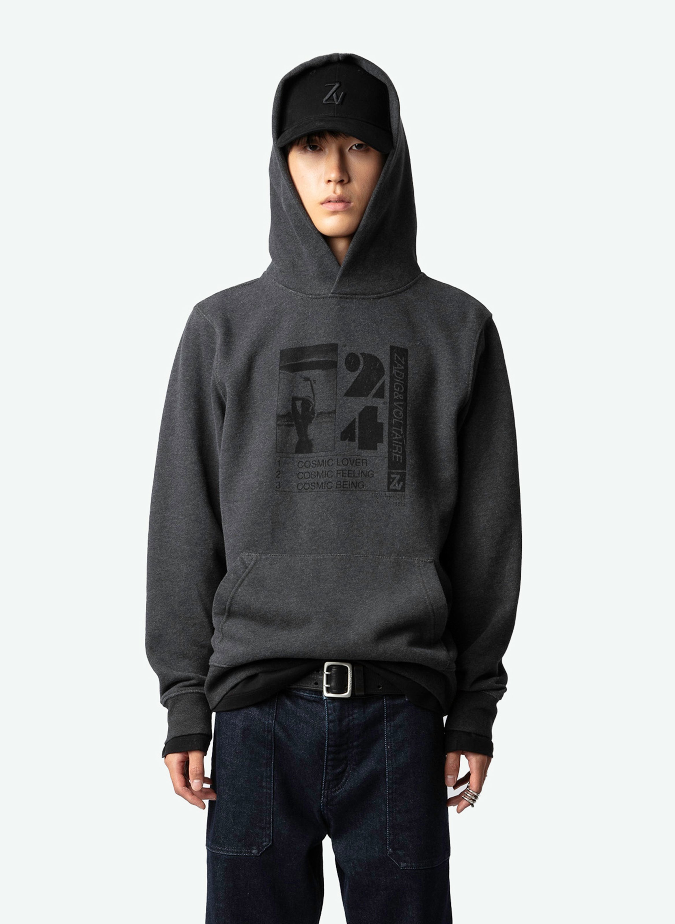 Sweat à capuche droit en coton bio mélangé sérigraphié ZADIG&amp;VOLTAIRE Gris