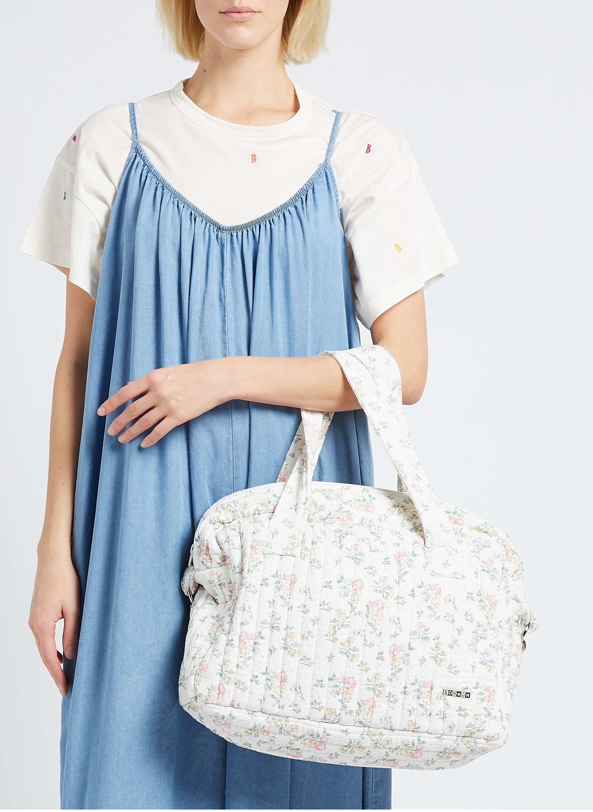 Cabas en coton à imprimé fleuri  BONTON Blanc