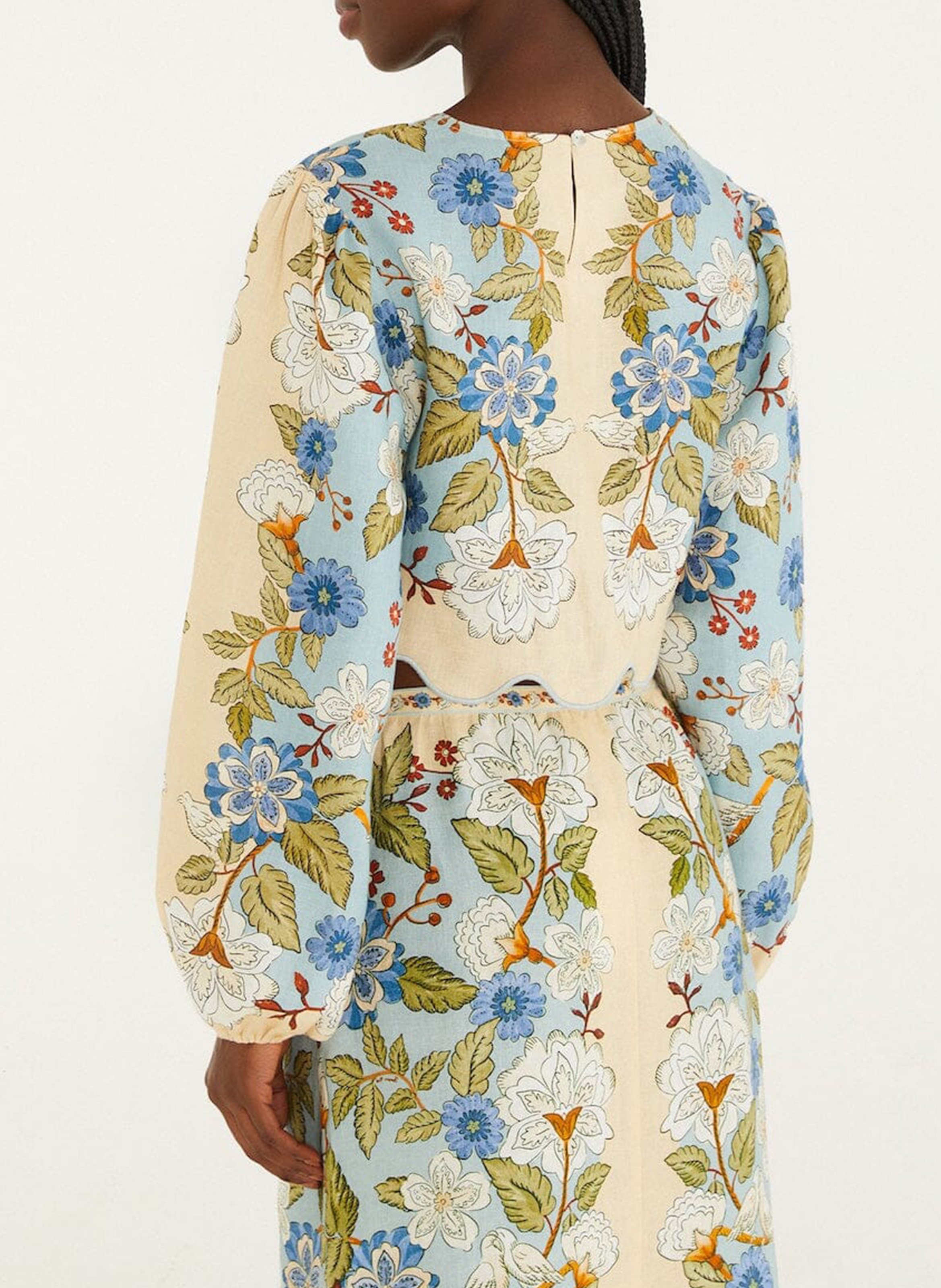 Top droit col rond en lin imprimé FARM RIO Bleu