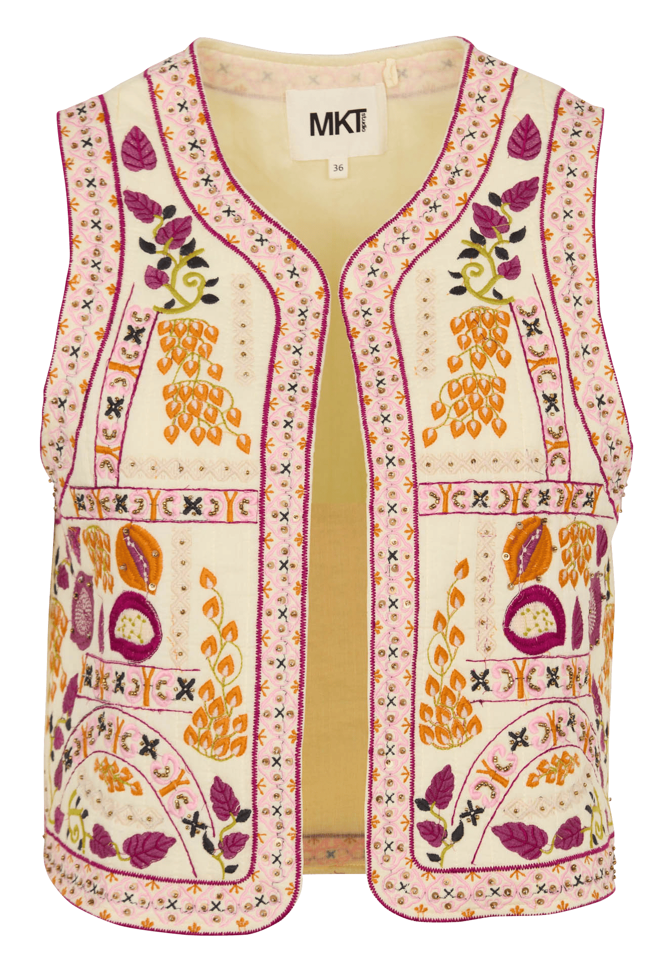 Korte geborduurde mouwloze vest MKT Beige