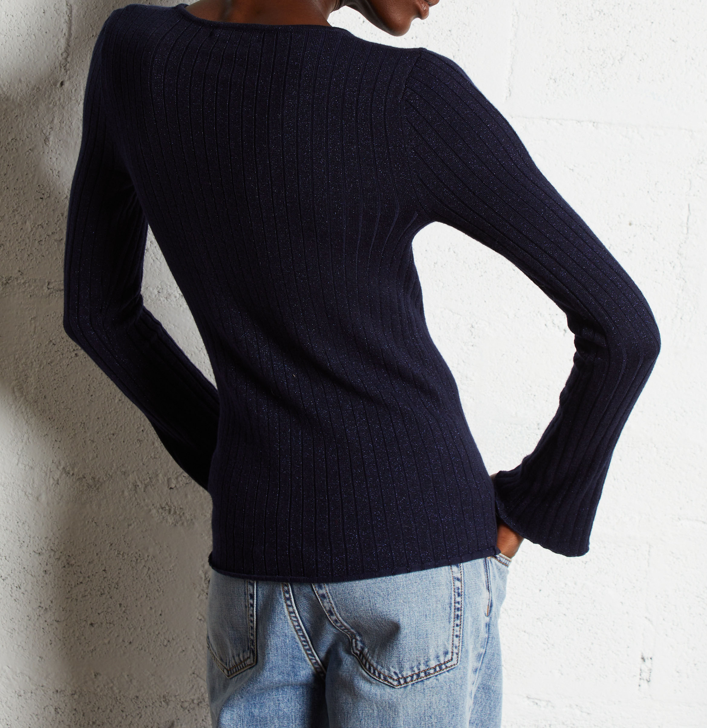 Fitted round neck sweater in metallic knit MAJESTIC FILATURES Blue