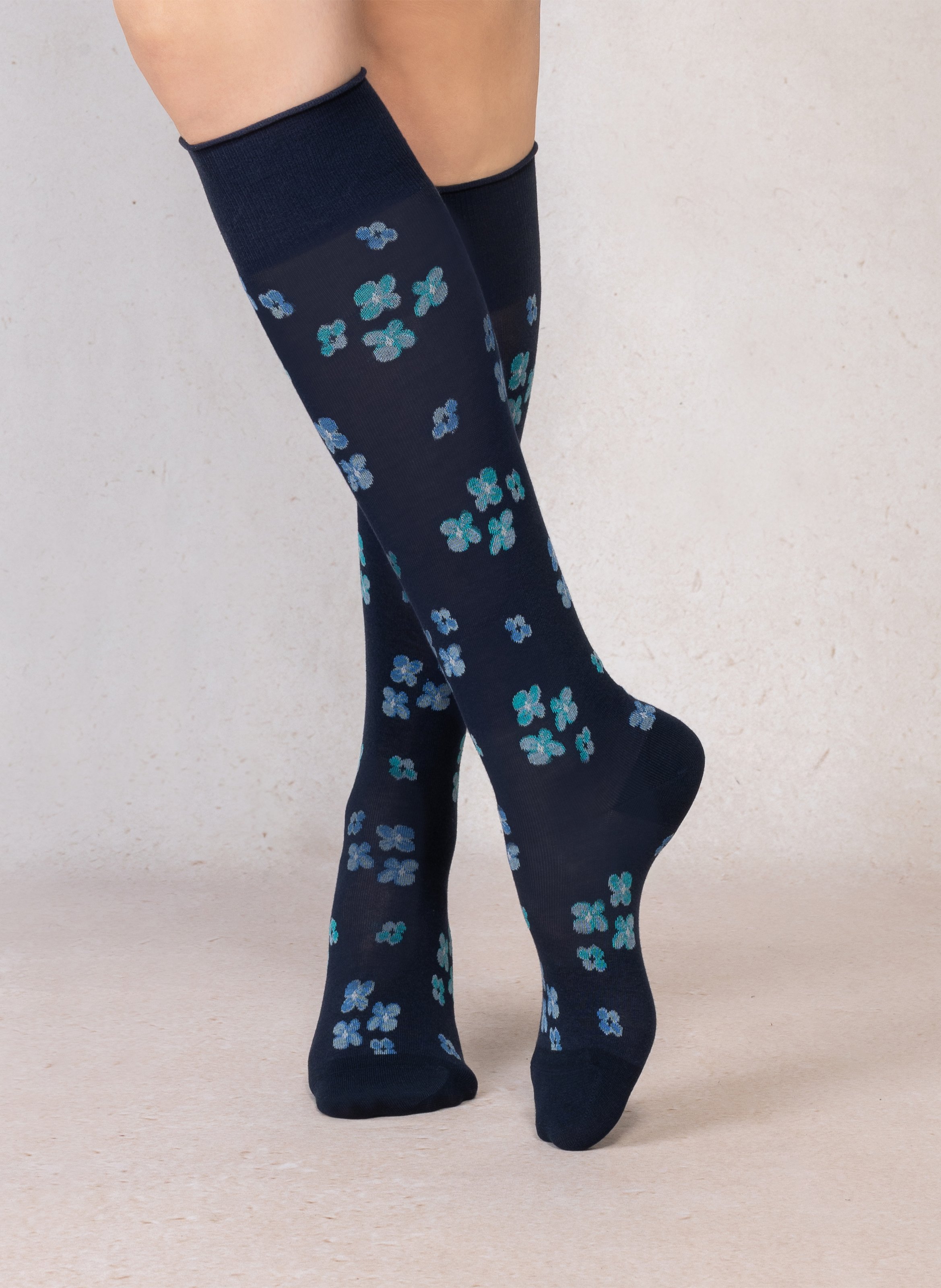 Mi-bas imprimé floral en coton mélangé BLEUFORET Bleu