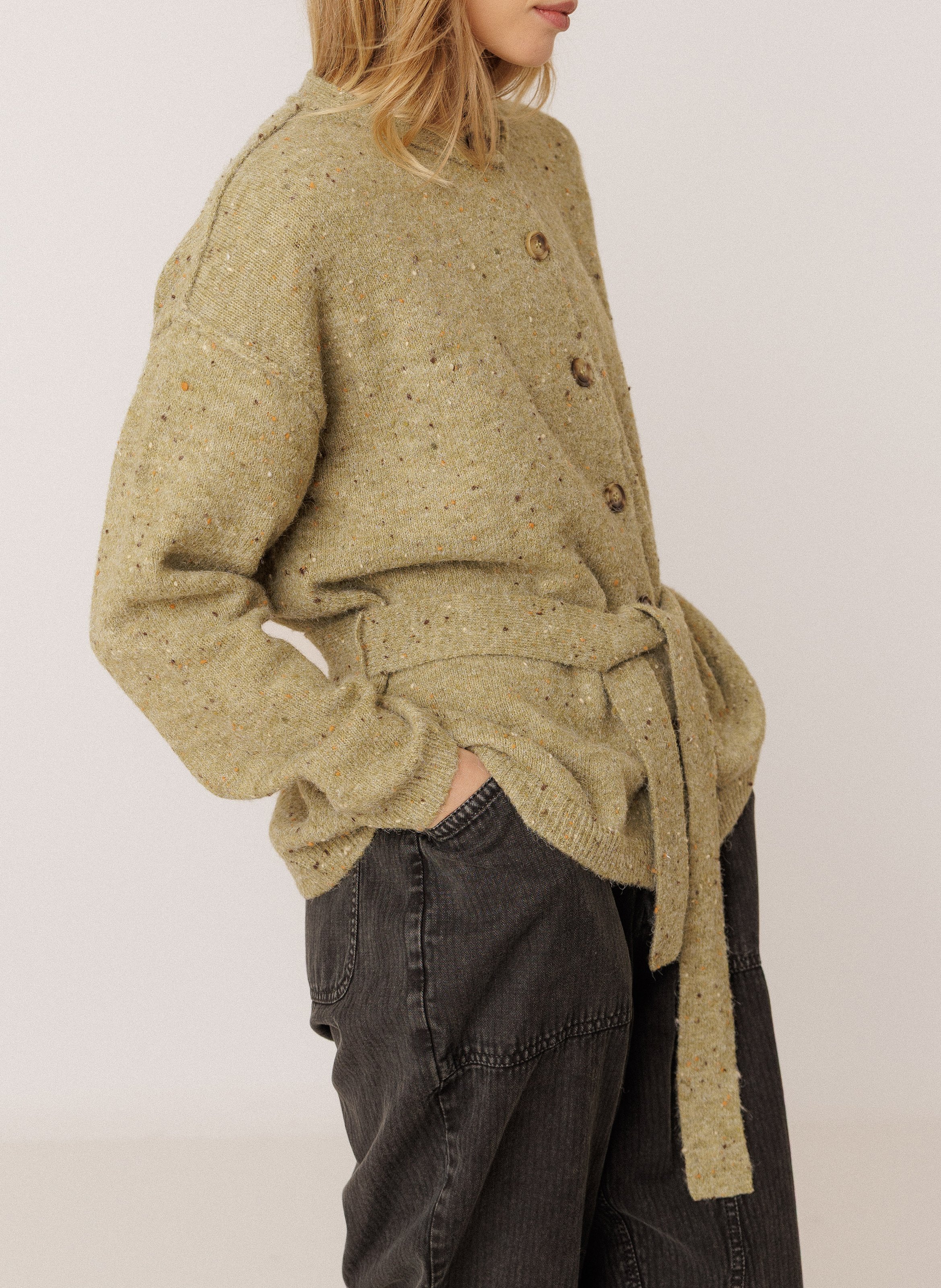 Gilet col rond ceinturé INDI & COLD Vert