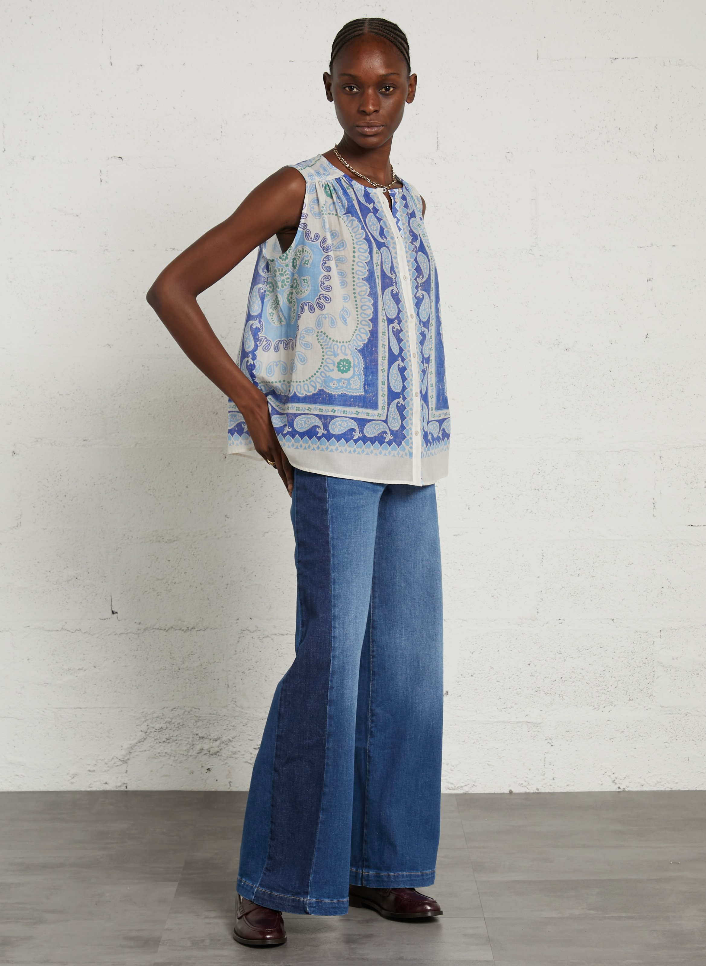 Rechte, katoenen blouse met ronde hals en print SUD EXPRESS Blauw