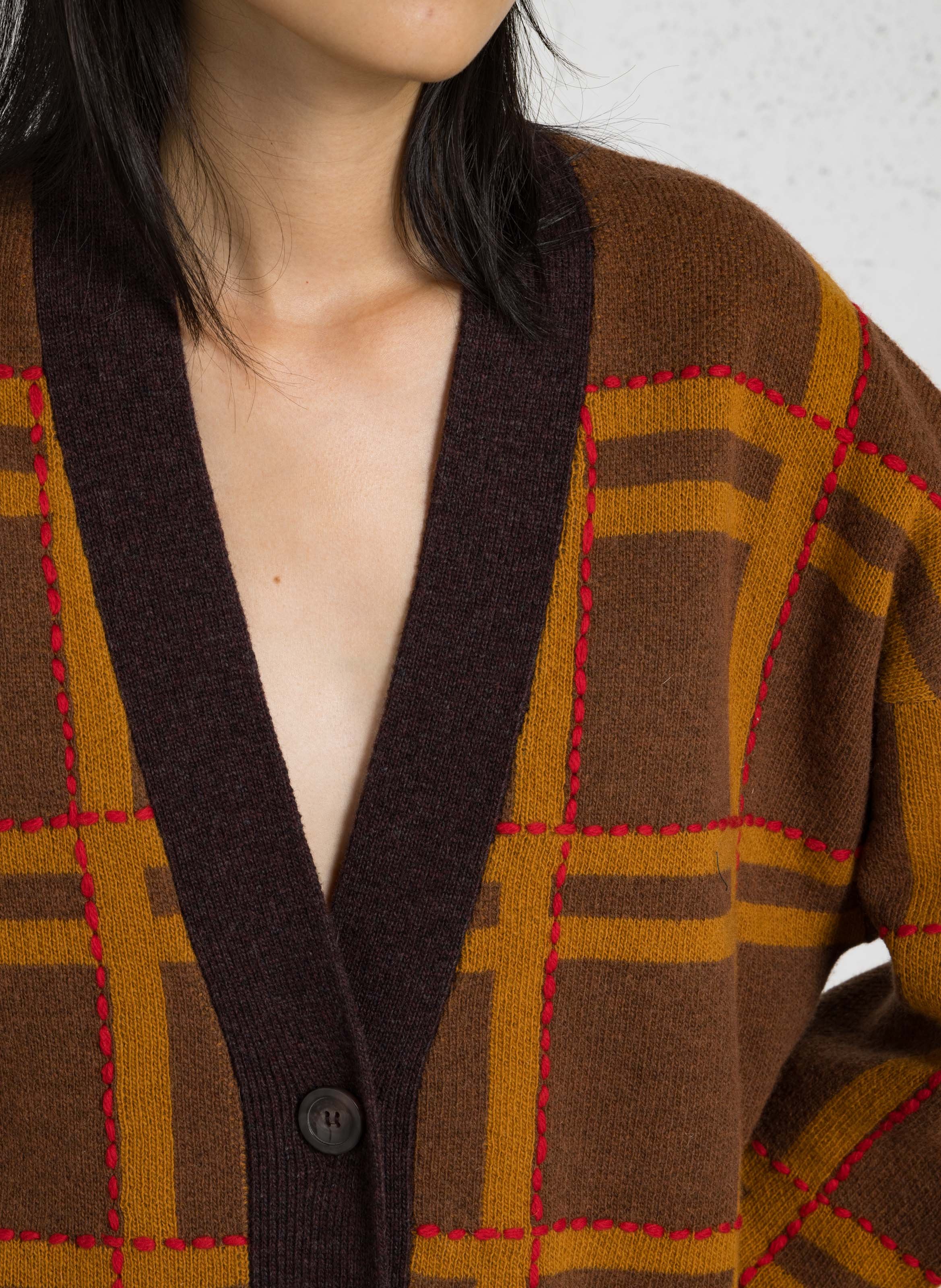 Cardigan oversize col v brodé en laine mélangée STELLA NOVA Marron